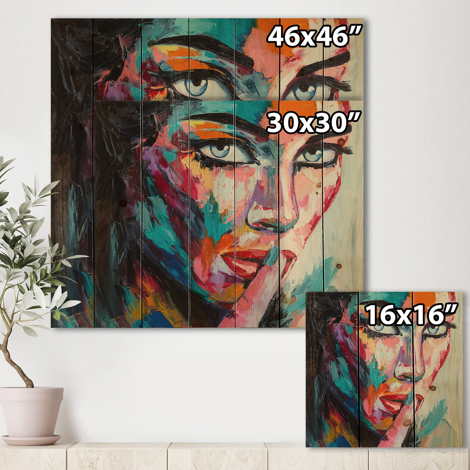 Abstract Portrait Wood Wall Art - Blue Eyes Woman on Pine for Living Room Decor