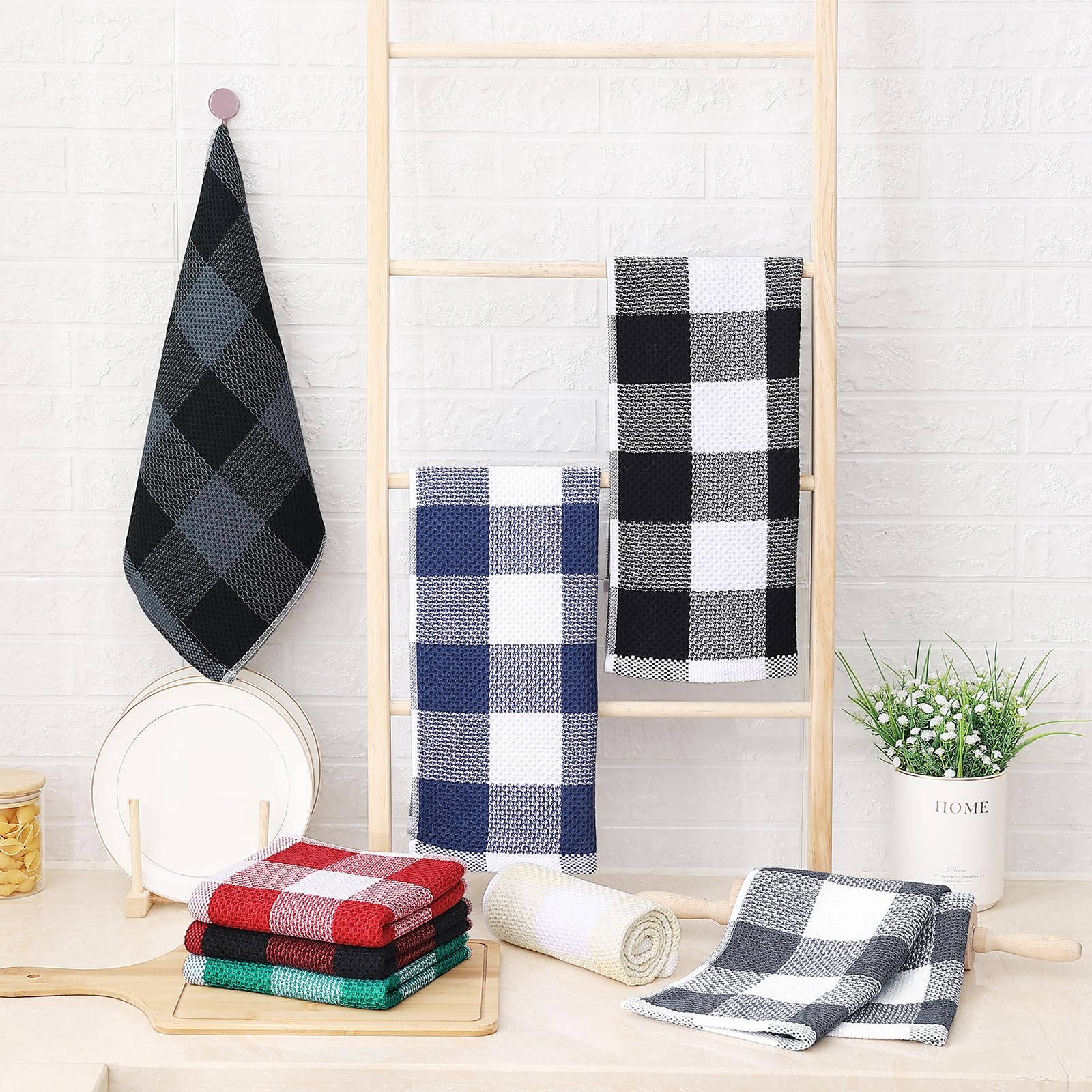 Homaxy 100% Cotton Waffle Weave Kitchen Towels - Super Soft & Absorbent for Dishes - 4-Pack Black & Grey - Perfect for Kitchen & Dining