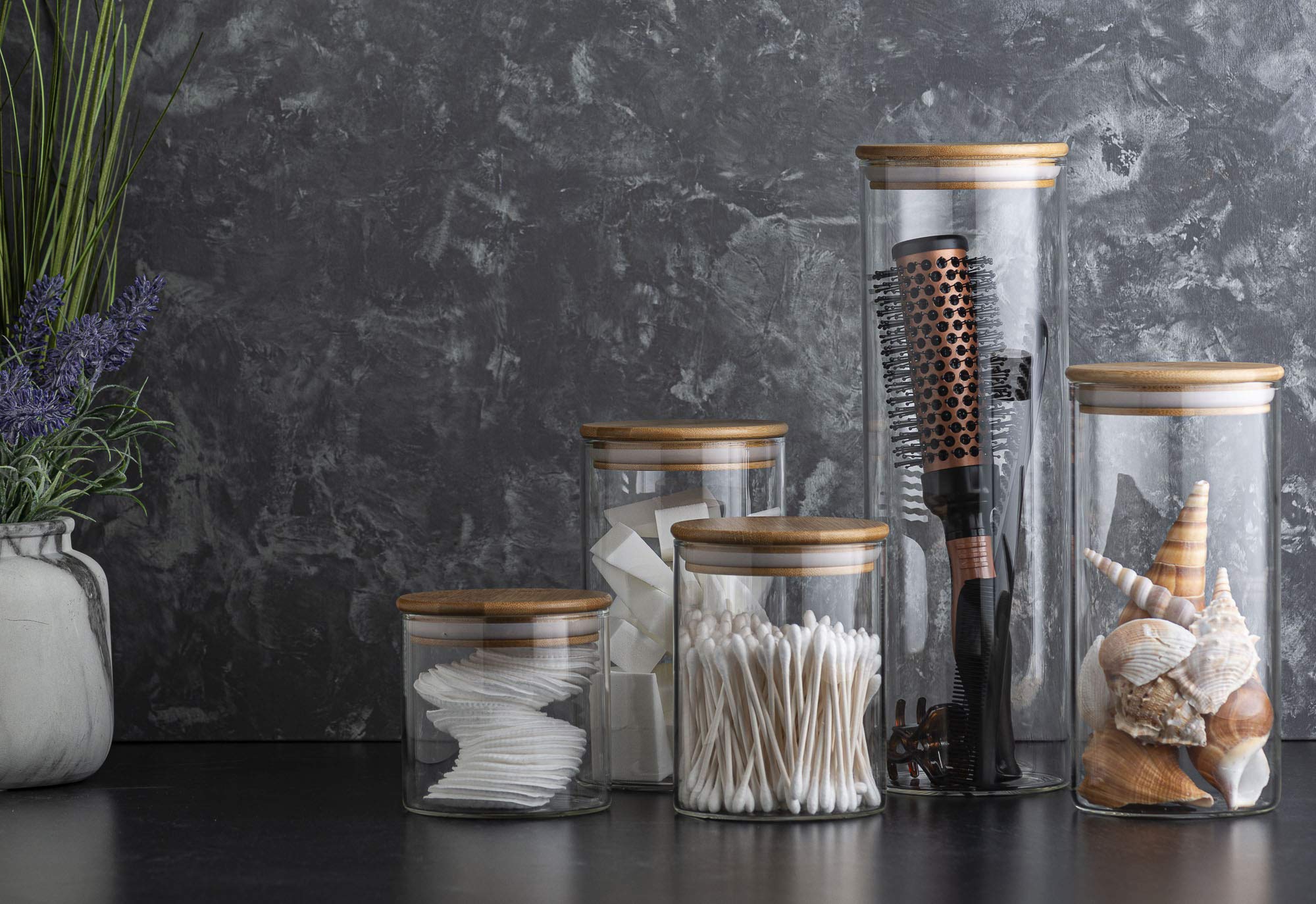 5-Piece Glass Kitchen Canisters Set with Airtight Bamboo Lids - Pantry & Bathroom Storage Jars for Flour, Coffee, Sugar, Rice, Pasta, Snacks | Ideal for Baking, Meal Prep & Home Organization