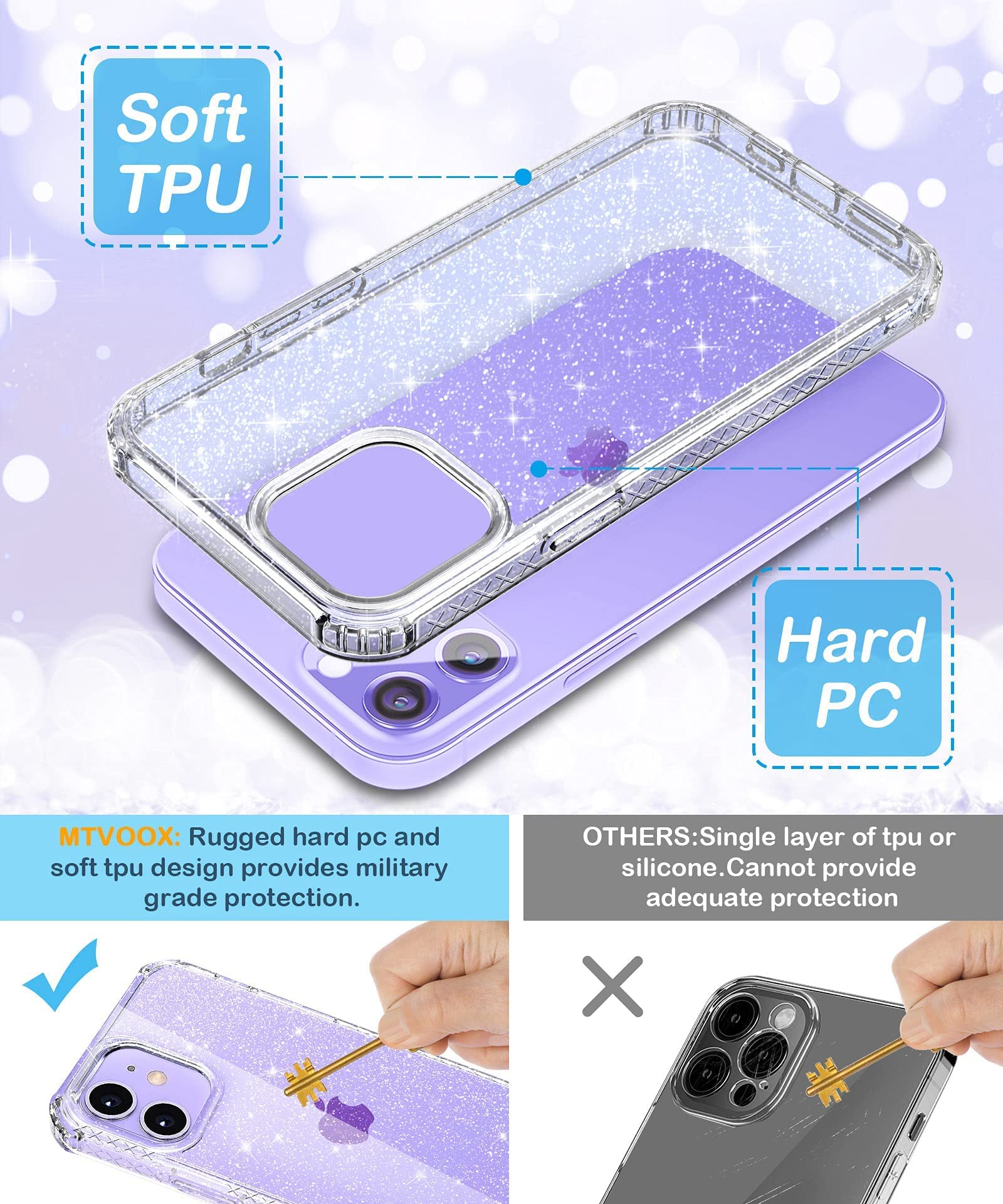 MIODIK Clear Glitter Shockproof iPhone 12/12 Pro Case with Phone Stand | Non-Yellowing Slim Protective Cover for Women & Girls | 6.1 Inch Sparkle Design | Perfect for Daily Use, Work & Travel Protection