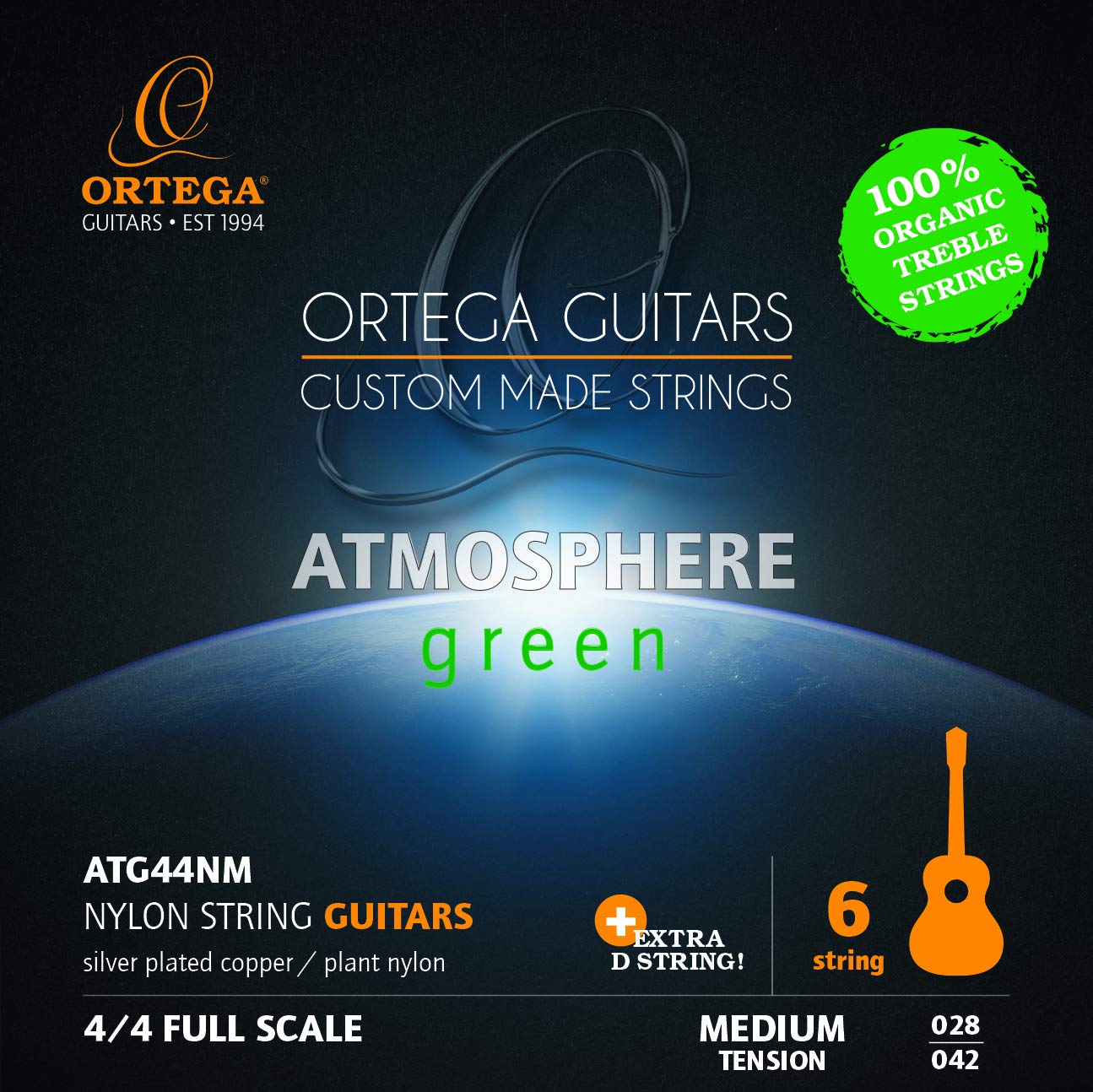 Ortega ATG44NM Atmosphere Green Nylon Classical Guitar with 100% Plant-Based Treble Strings | Normal Tension | Handcrafted in Italy | Perfect for Beginners, Professionals & Live Performances