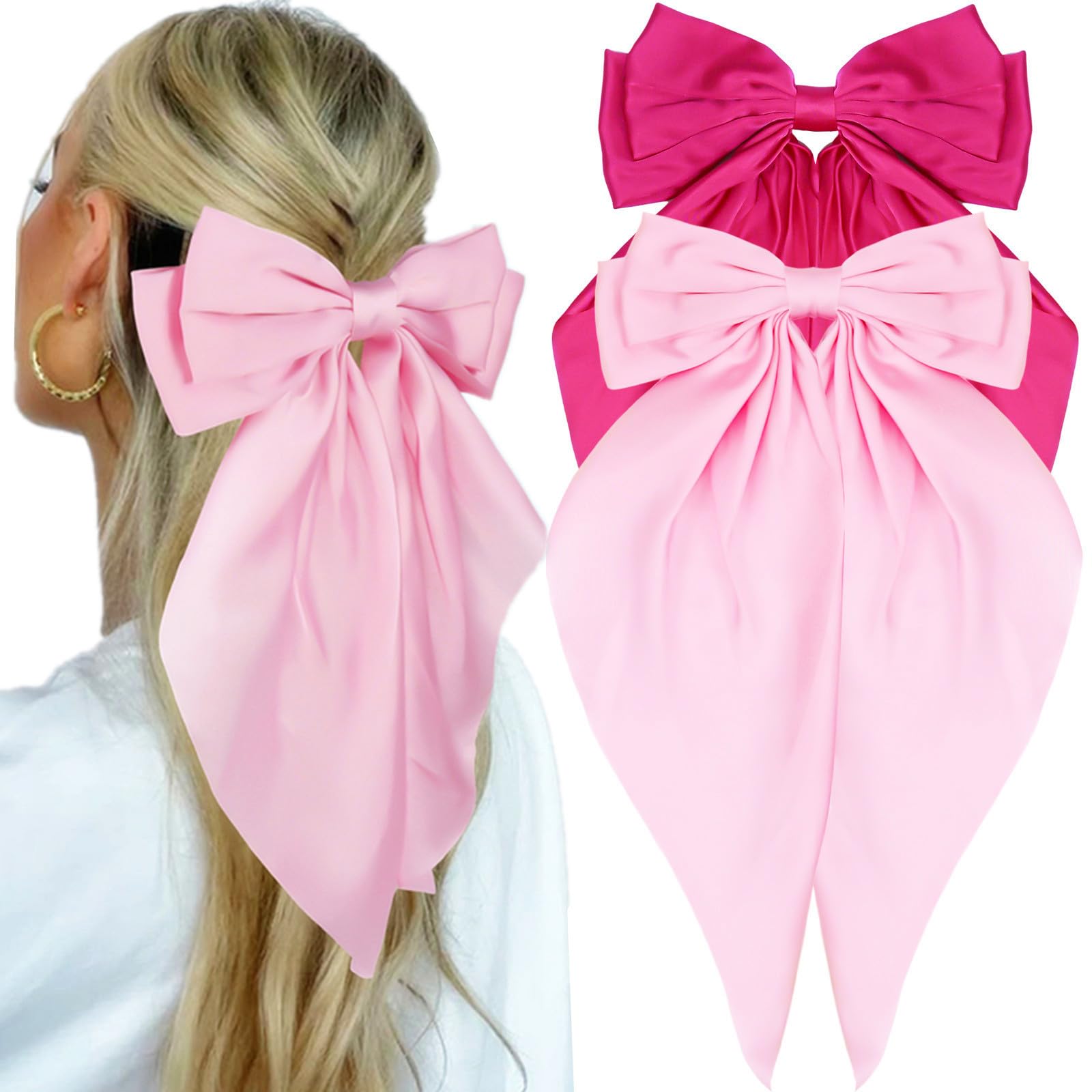 Pink Hair Bows for Women & Girls - 2PCS Satin Hair Clips with Long Tails | Perfect for Parties & Weddings