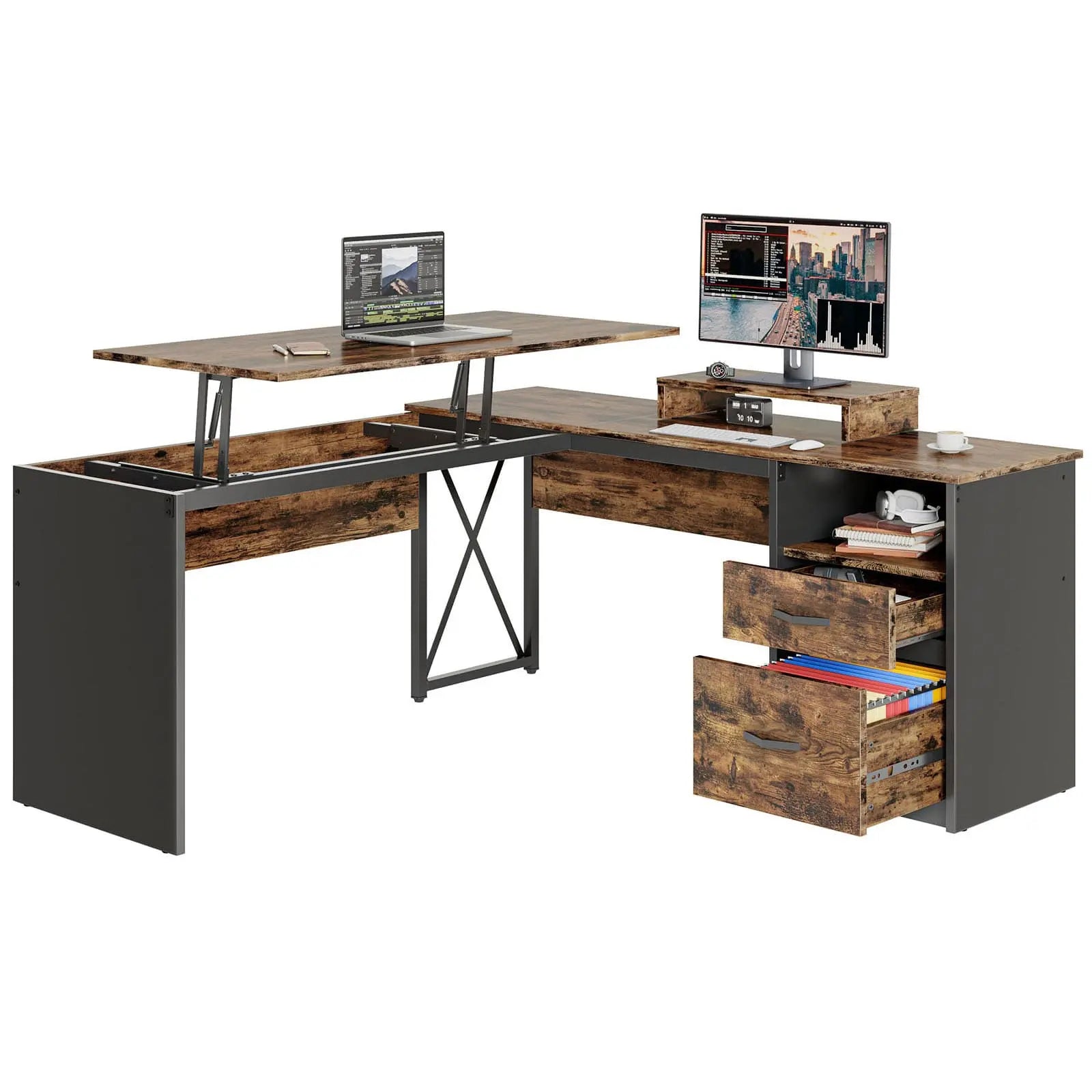 Bestier L-Shaped Lift-Top Computer Desk with Monitor Stand - Home Office Workstation for Gaming, Writing & Study