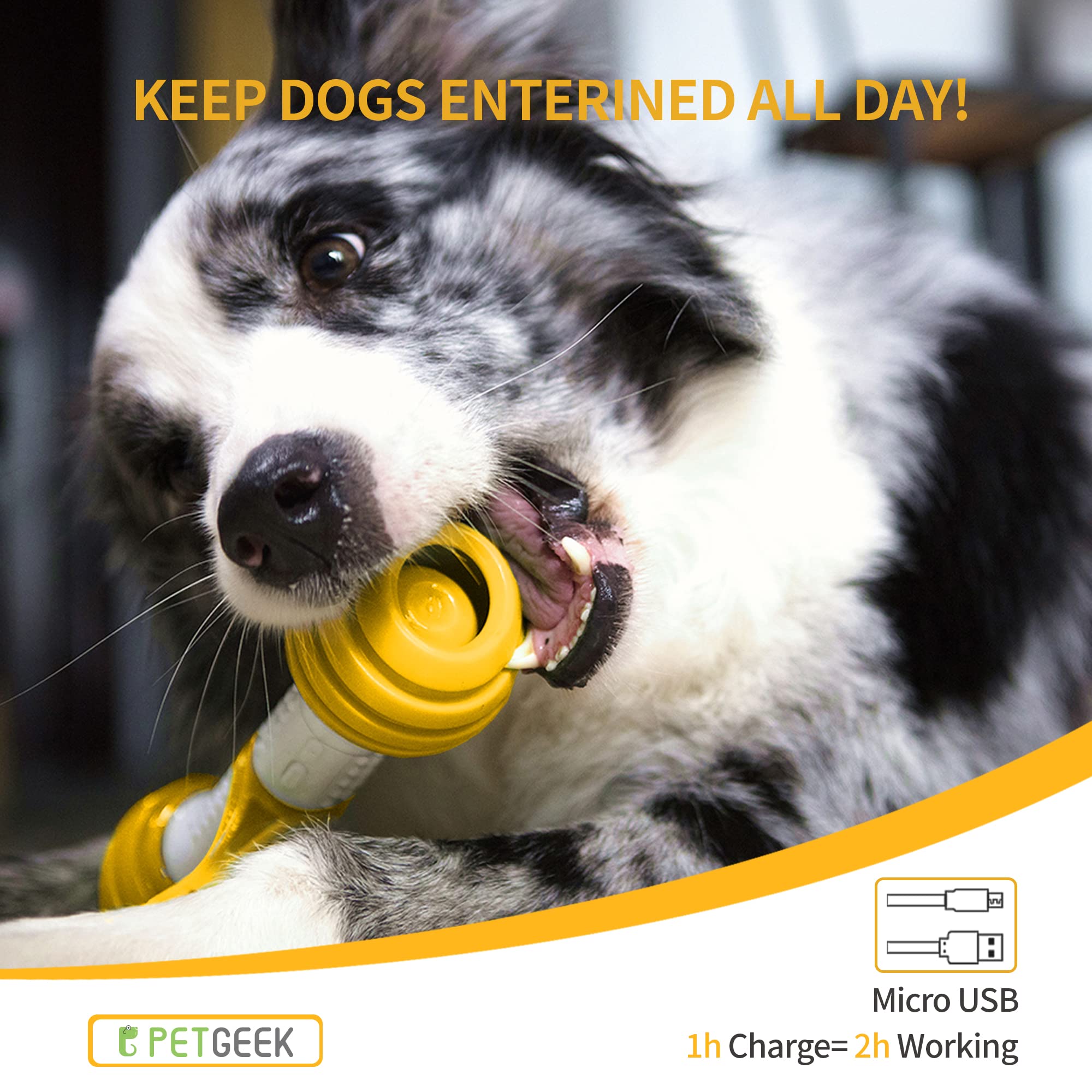 PETGEEK Interactive Dog Toys - Automatic Electronic Dog Bones with Safe & Durable Material, USB Rechargeable for Small & Medium Dogs - Keep Your Pet Entertained Indoors & Outdoors (Yellow)
