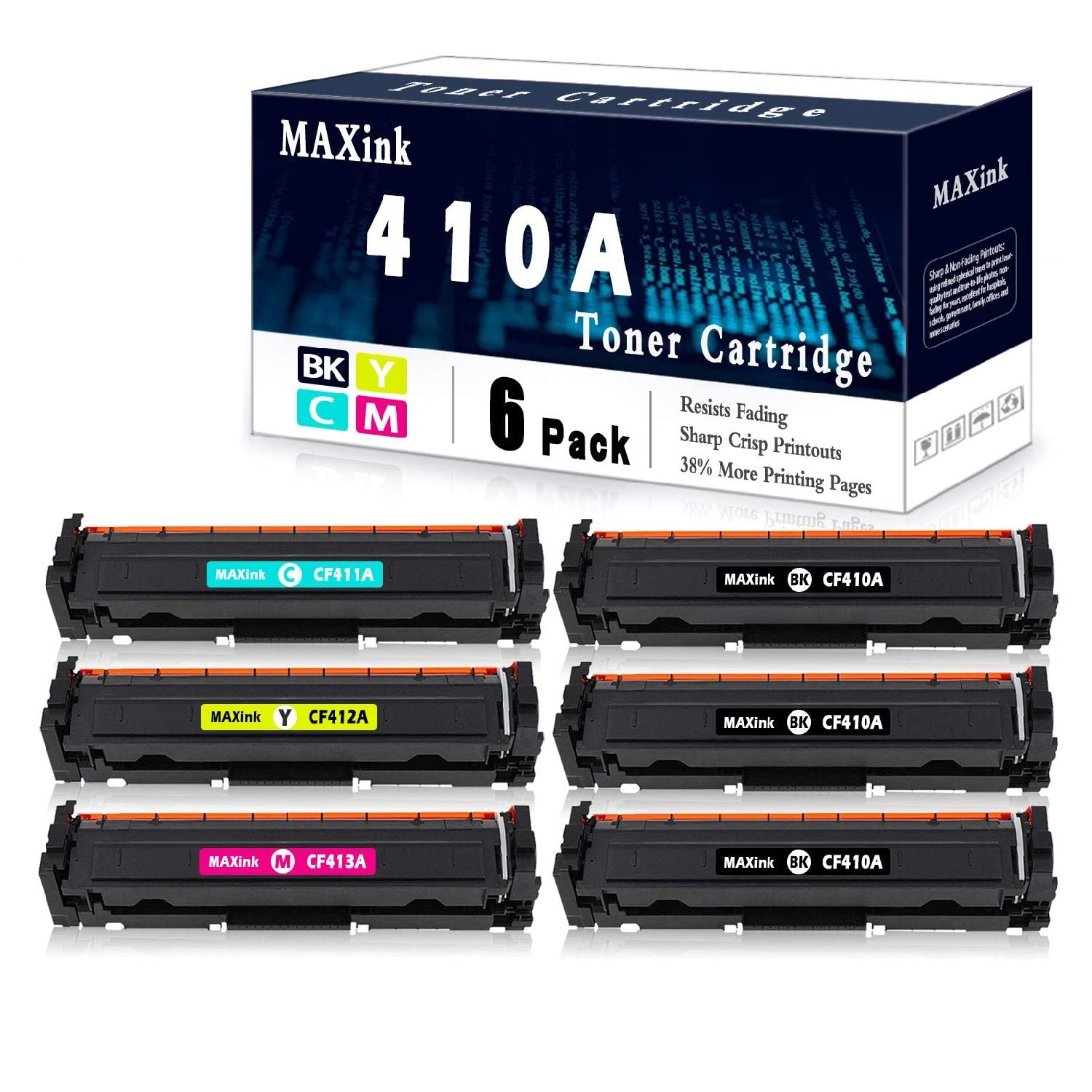 6-Pack (3BK+C+Y+M) 410A Toner Cartridge Replacement for HP Color Laserjet Pro MFP M477fdw/M477fdn/M477fnw/M452dn/M452nw/M452dw Printers | High-Yield Printing for Office & Home Use