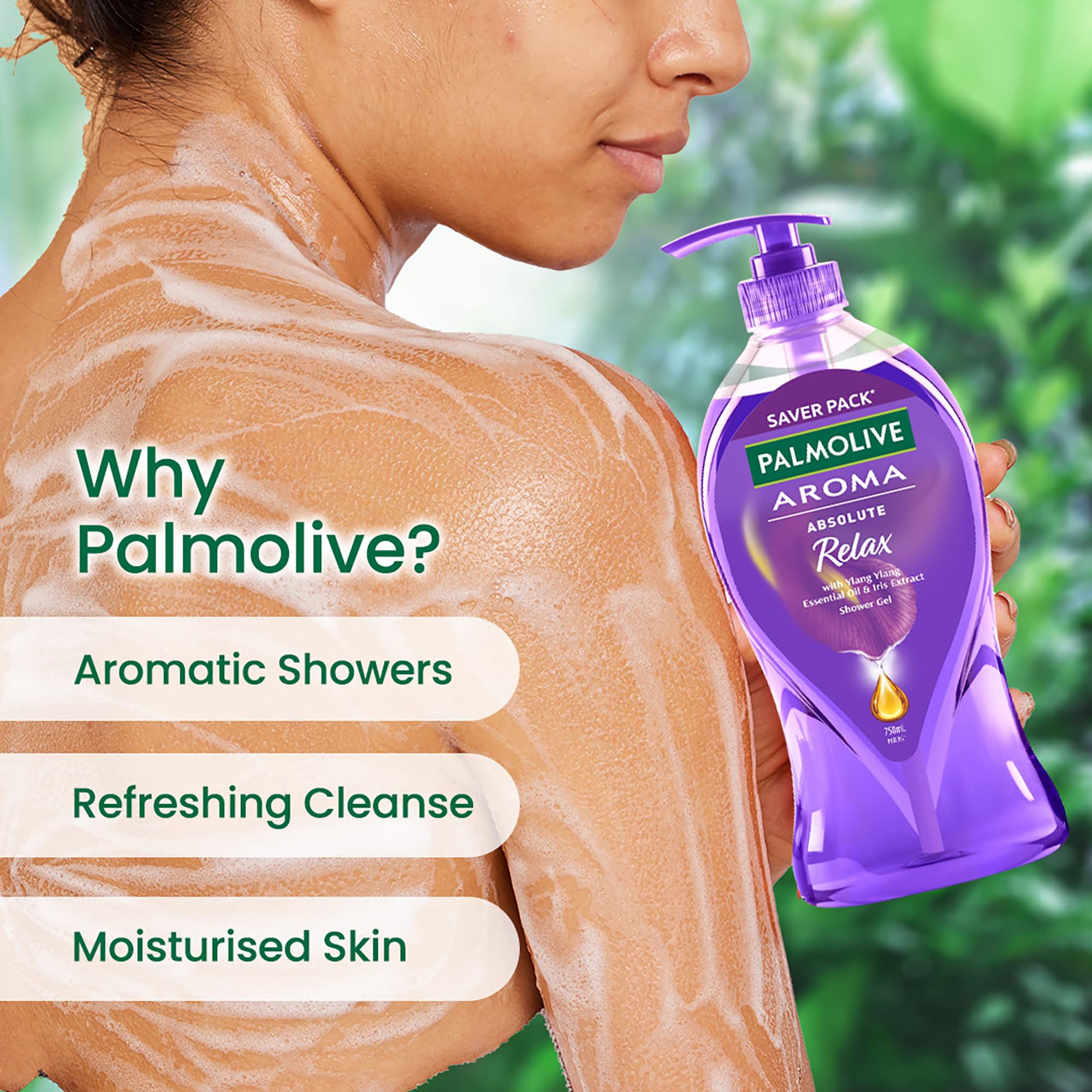 Palmolive Aroma Absolute Relax Body Wash for Women & Men - 750ml Shower Gel with 100% Natural Ylang Ylang & Iris Essential Oils | pH Balanced for Soft, Smooth Skin | Single Pump Bottle | Perfect for Stress Relief & Spa-Like Relaxation at Home