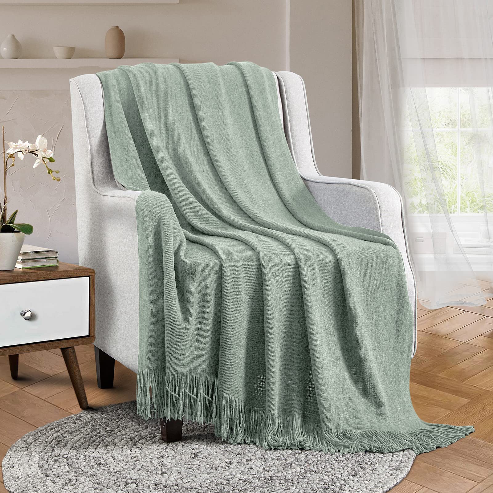 Vonty Sage Green Knitted Blanket with Tassels Fringe 50