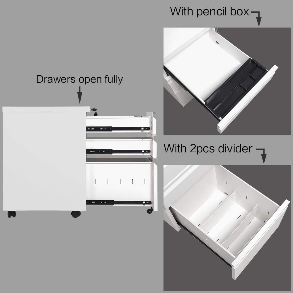 Lockable 3-Drawer Gooseneck Mobile File Cabinet with Wheels - Metal Storage for Legal/Letter/A4 Documents - Home Office Organization & Space Saving Solution (White) - Perfect for Small Spaces, Dorm Rooms & Shared Workspaces