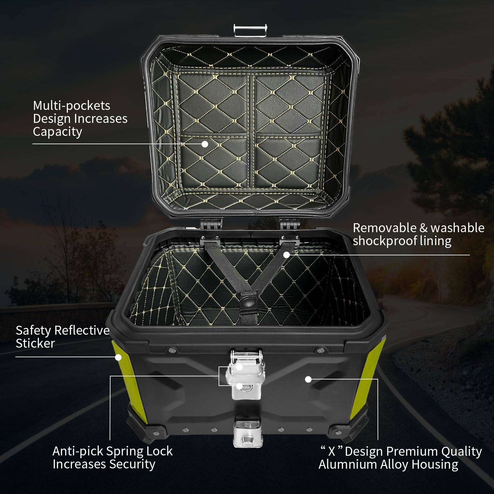 Universal 35L Aluminum Motorcycle Top Case with Security Lock - Waterproof Helmet Luggage Storage for Harley, Honda, Yamaha (Black) - Perfect for Commuting, Touring & Road Trips