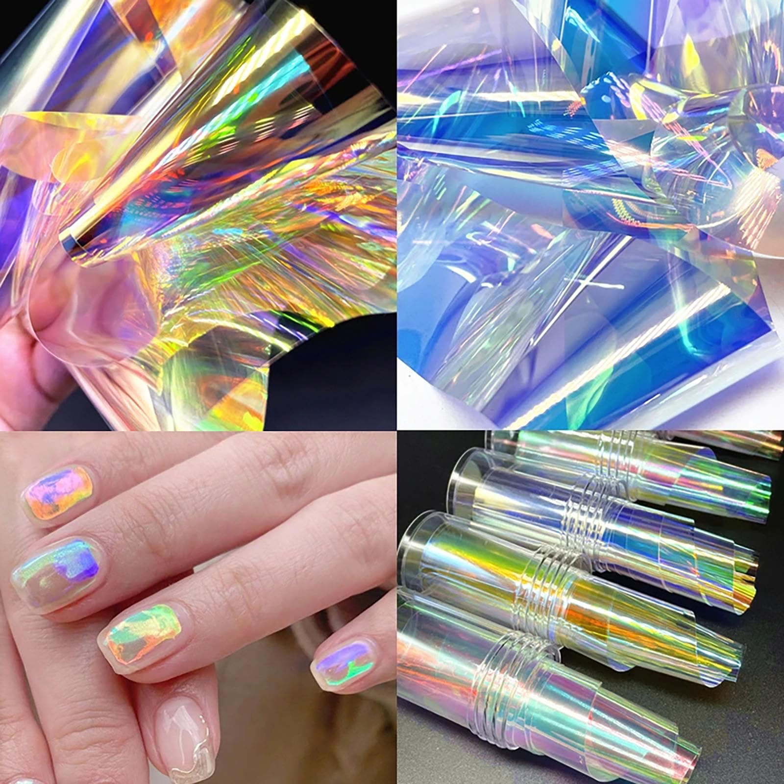 20 Sheets Iridescent Cellophane Nail Foils - Holographic Aurora Glass Broken Nail Art Stickers for DIY Manicure, Nail Salon & Party Nail Designs - Reflective Neon Nail Decoration for Gel Polish & Acrylic Nails