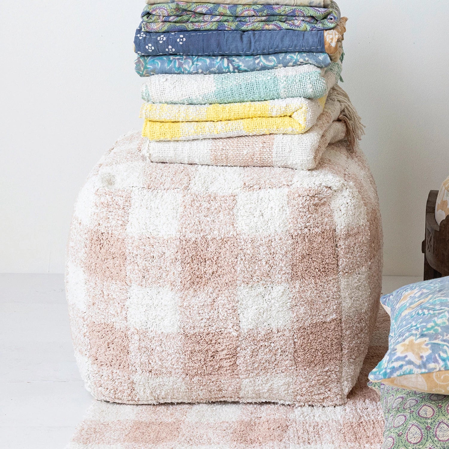 Cozy Cotton Tufted Pink Plaid Pouf Ottoman - Soft Footrest & Living Room Decor Accent for Girls' Bedroom, Nursery or Lounge Area