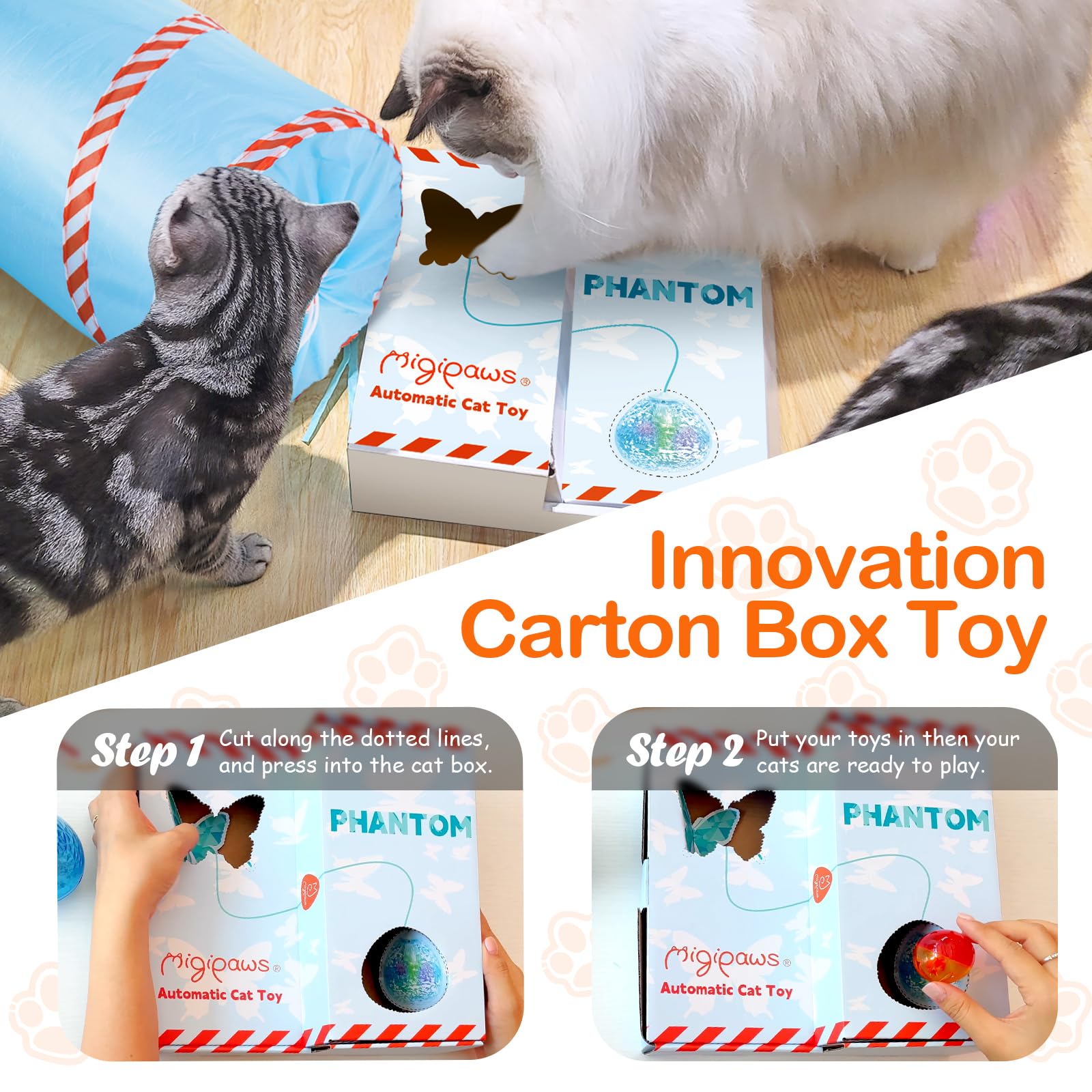 Migipaws Interactive Cat Toys - Upgraded 2.0 Rechargeable Butterfly Feather Projection Toy with Moving Shadows for Indoor Cats | Fun Play in Cat Tunnels & Cardboard Boxes | Stimulates Exercise & Reduces Boredom