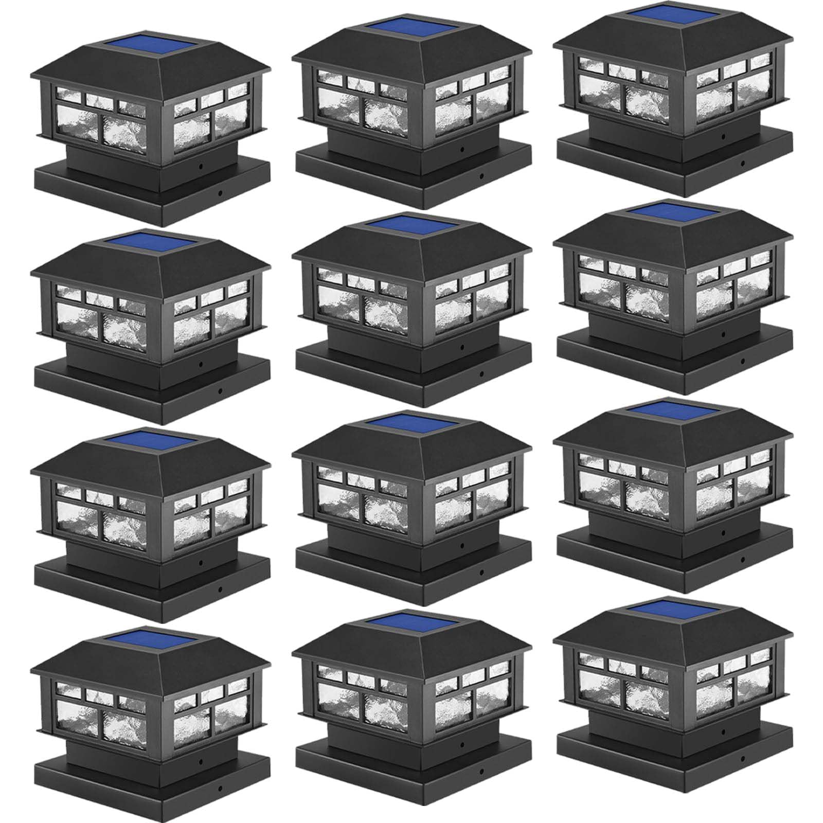 12 Pack Solar Post Cap Lights for 3.5x3.5, 4x4 & 5x5 Wood Posts - Black Solar Powered Fence Lights - Perfect for Deck, Patio, Garden & Pathway Lighting