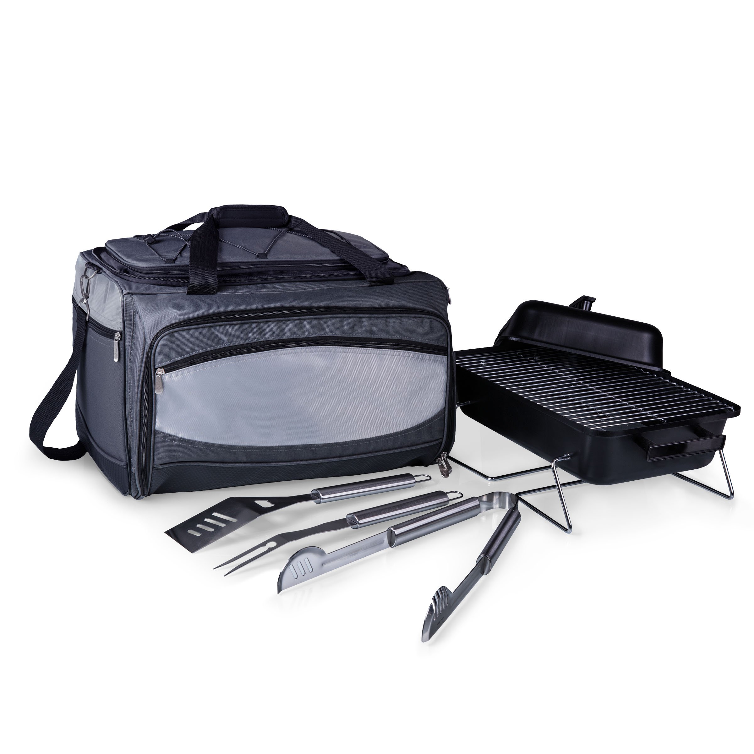 ONIVA - Picnic Time Brand Buccaneer Portable Charcoal Grill & Cooler Tote Combo (Black with Gray Accents) - Perfect for Camping, Beach Outings, and Backyard BBQs