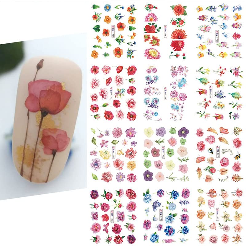 Shidara Flower Nail Art Stickers - Summer Nail Decorations with Blooming Floral Designs | 12-Piece Set for DIY Manicures, Pedicures & Nail Art | Perfect for Parties, Weddings & Summer Nail Styles