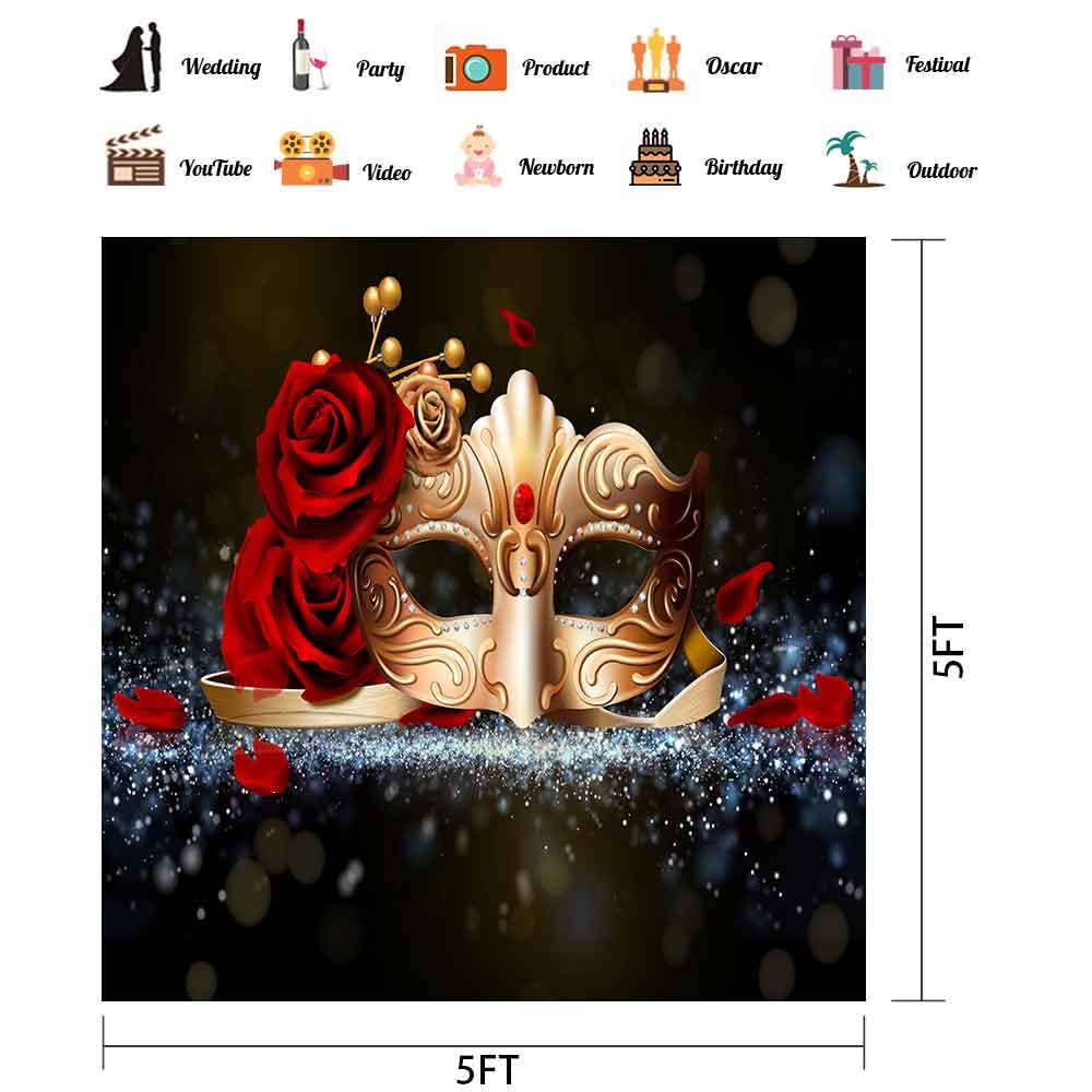 Golden Mask Red Rose Photography Backdrop - 5x5ft Vinyl Mardi Gras Party Decor for Masquerade, Homecoming Dance & Carnival Photo Booth - Perfect for Themed Parties, School Events & Festive Celebrations