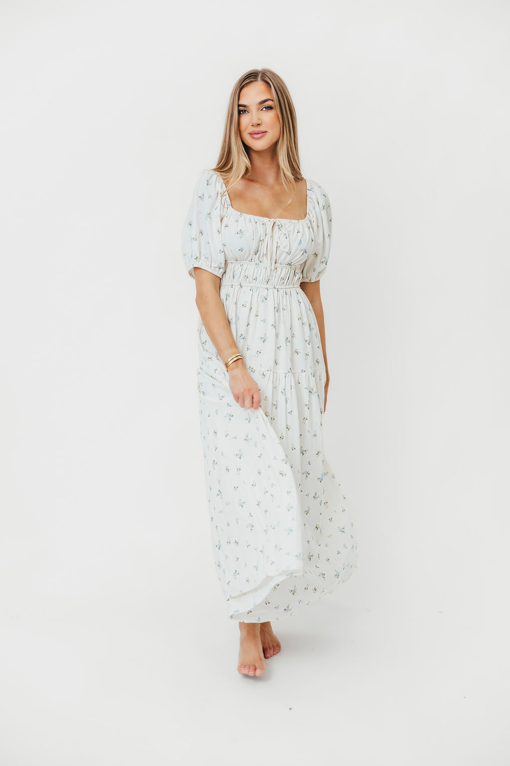 Catherine Floral Print Midi Dress in Cream & Multi Colors - Perfect for Weddings, Parties & Summer Outfits