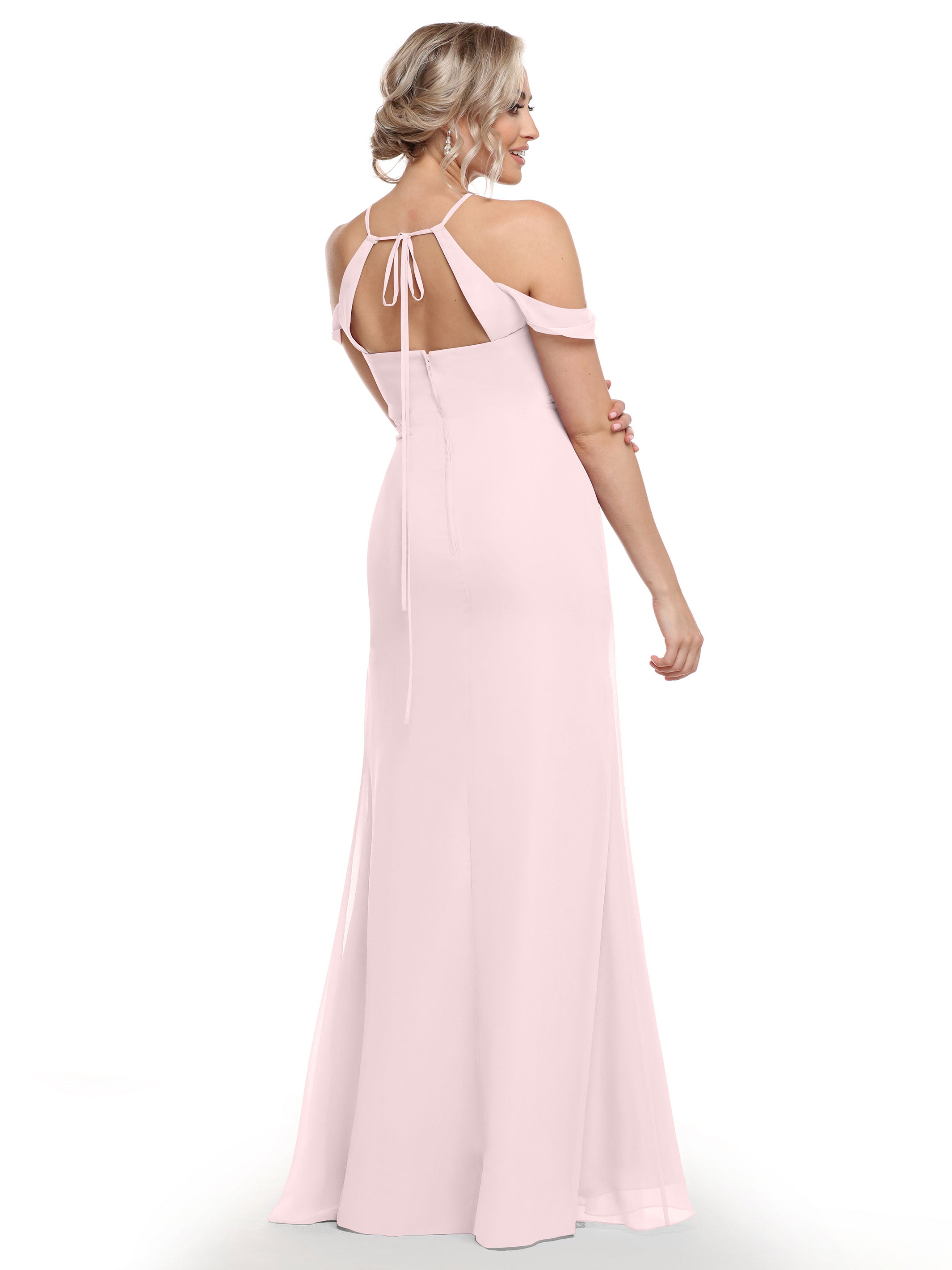 Elegant Off-The-Shoulder Chiffon Bridesmaid Dress with Halter Neckline - Perfect for Weddings, Formal Events & Special Occasions