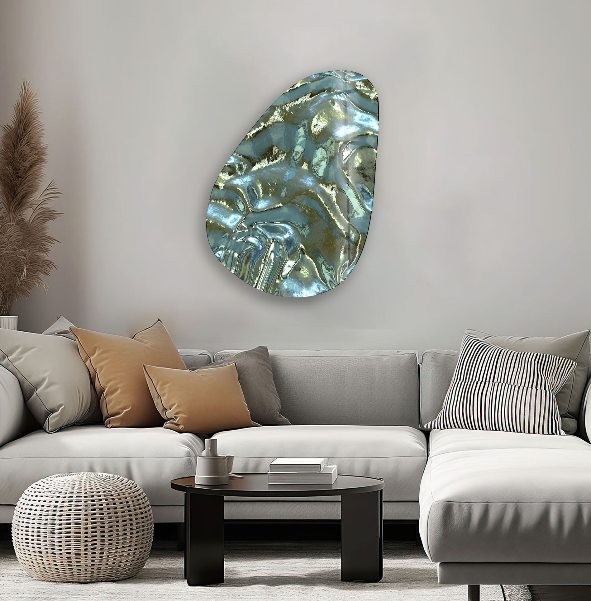 Abstract Glass Wall Art - Modern Asymmetrical Oval Shiny Decor for Living Room, Bedroom & Office | Contemporary Home Decoration