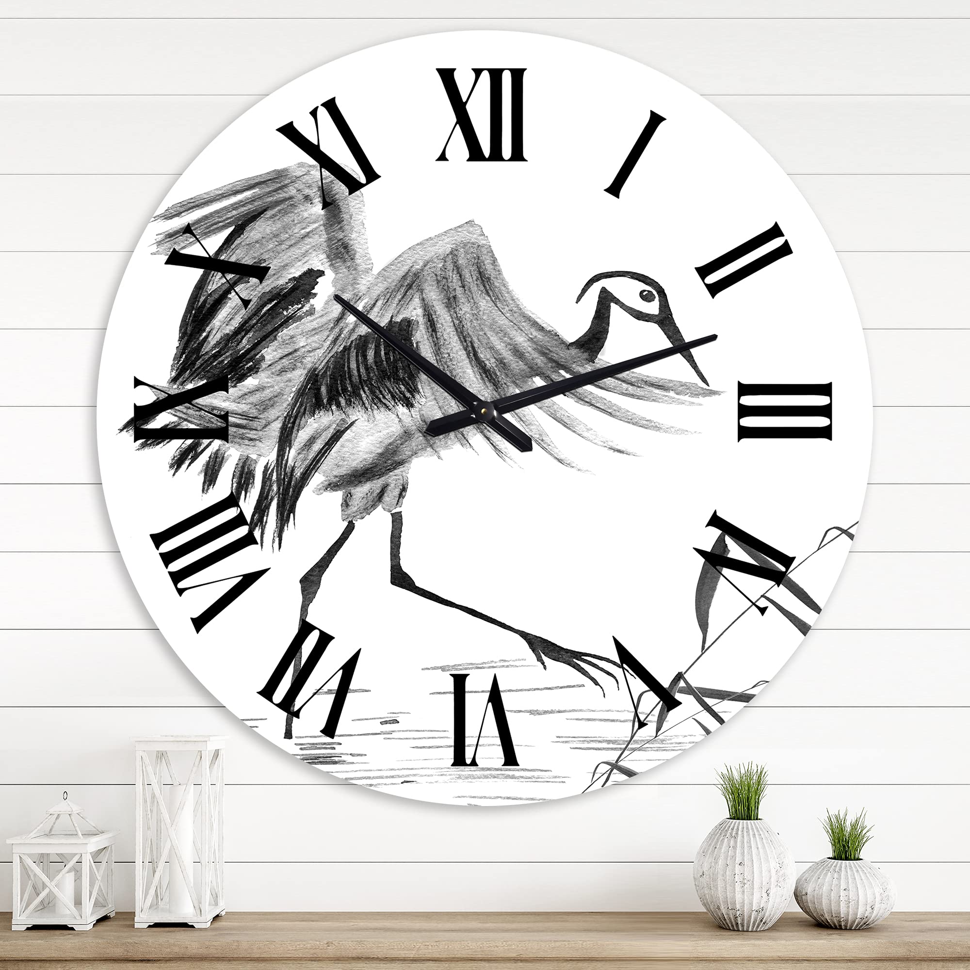 DesignQ Traditional Japanese Oriental Crane Bird Wall Clock - Large Landscape & Nature Decor for Living Room, Bedroom & Office