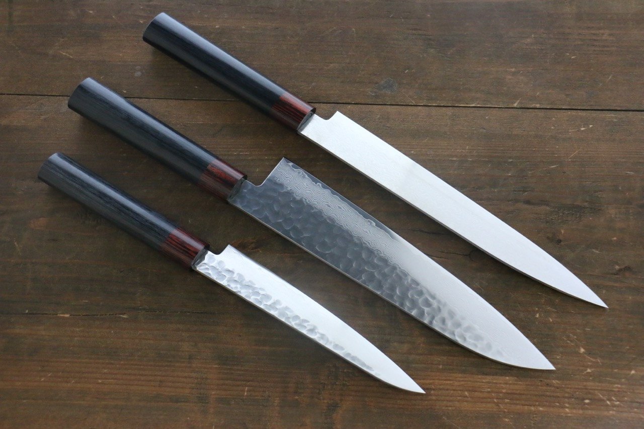 Premium Iseya VG10 33-Layer Damascus Japanese Knife Set - 210mm Gyuto, 150mm Petty & 210mm Sushi Knives - Professional Chef's Kitchen Cutlery for Slicing, Dicing & Sushi Preparation