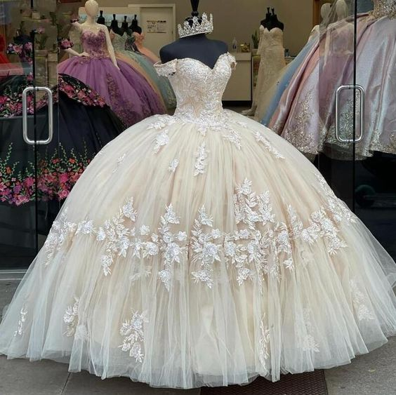 Elegant Off-The-Shoulder Sweet 16 Ball Gown with Applique Details - Perfect for Quinceañera, Prom, and Formal Dresses (Style J4999) - Ideal for Birthday Celebrations, Debutante Balls, and Special Occasions