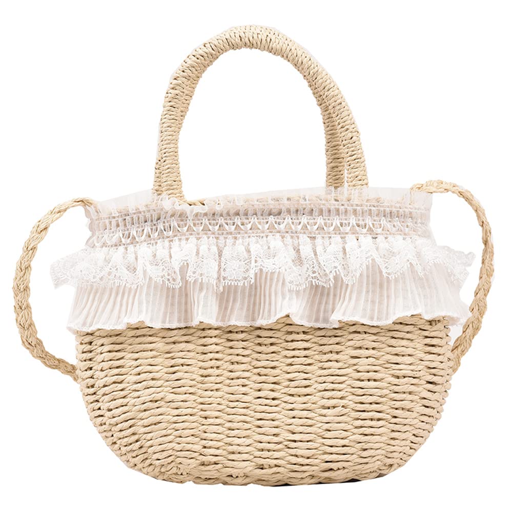 FETION Summer Lace Straw Handbag for Women - Woven Rattan Basket Tote & Crossbody Purse - Beach Bag, Picnic, Outdoor, Wedding Accessory - 37 (Beige)