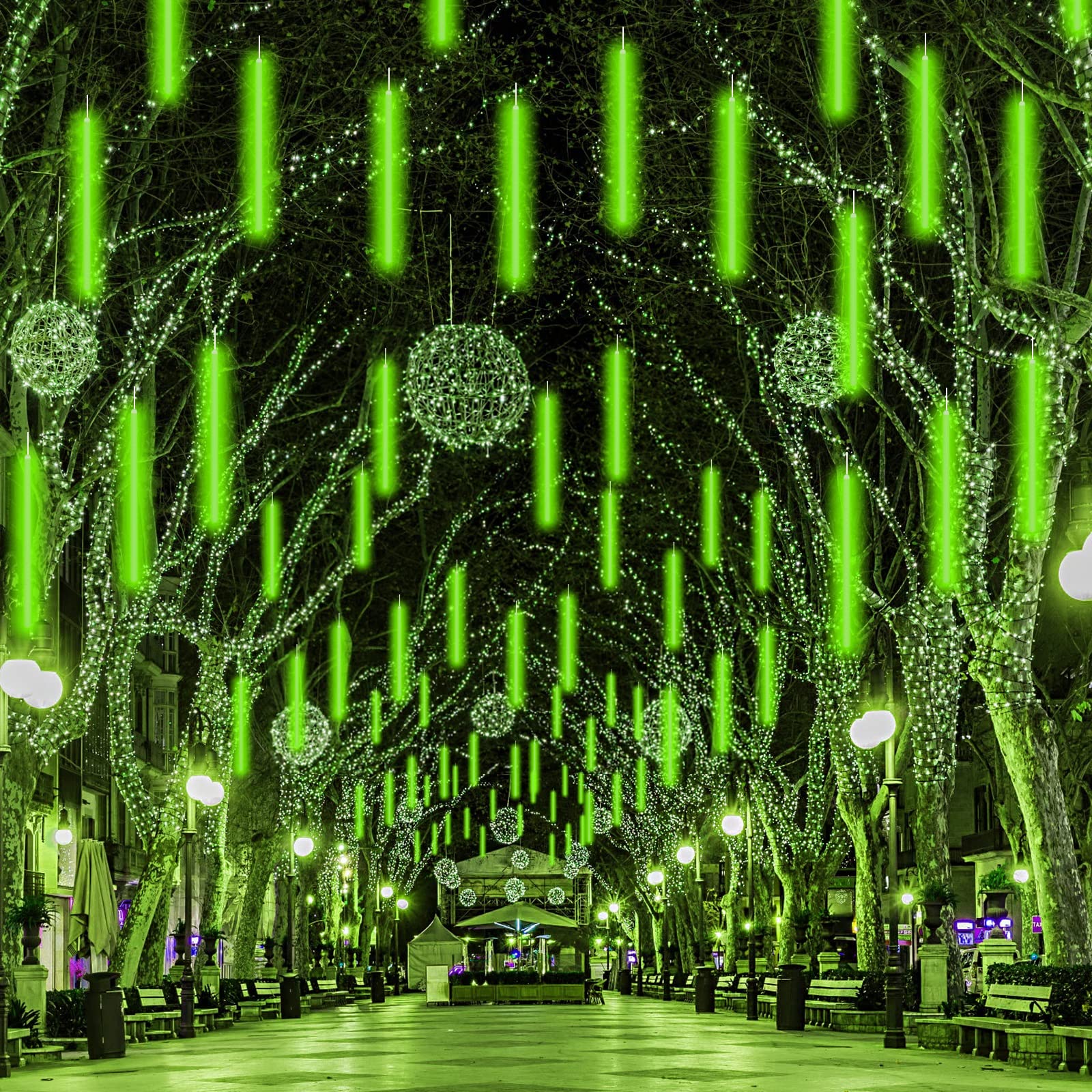 432 LED Meteor Shower Rain Lights - 50cm 8 Tubes High Brightness Snowfall Cascading Icicle String Lights for Christmas, New Year, Garden & Home Decor (Green) | Perfect for Outdoor Tree Lighting, Holiday Parties, and Winter Night Ambiance