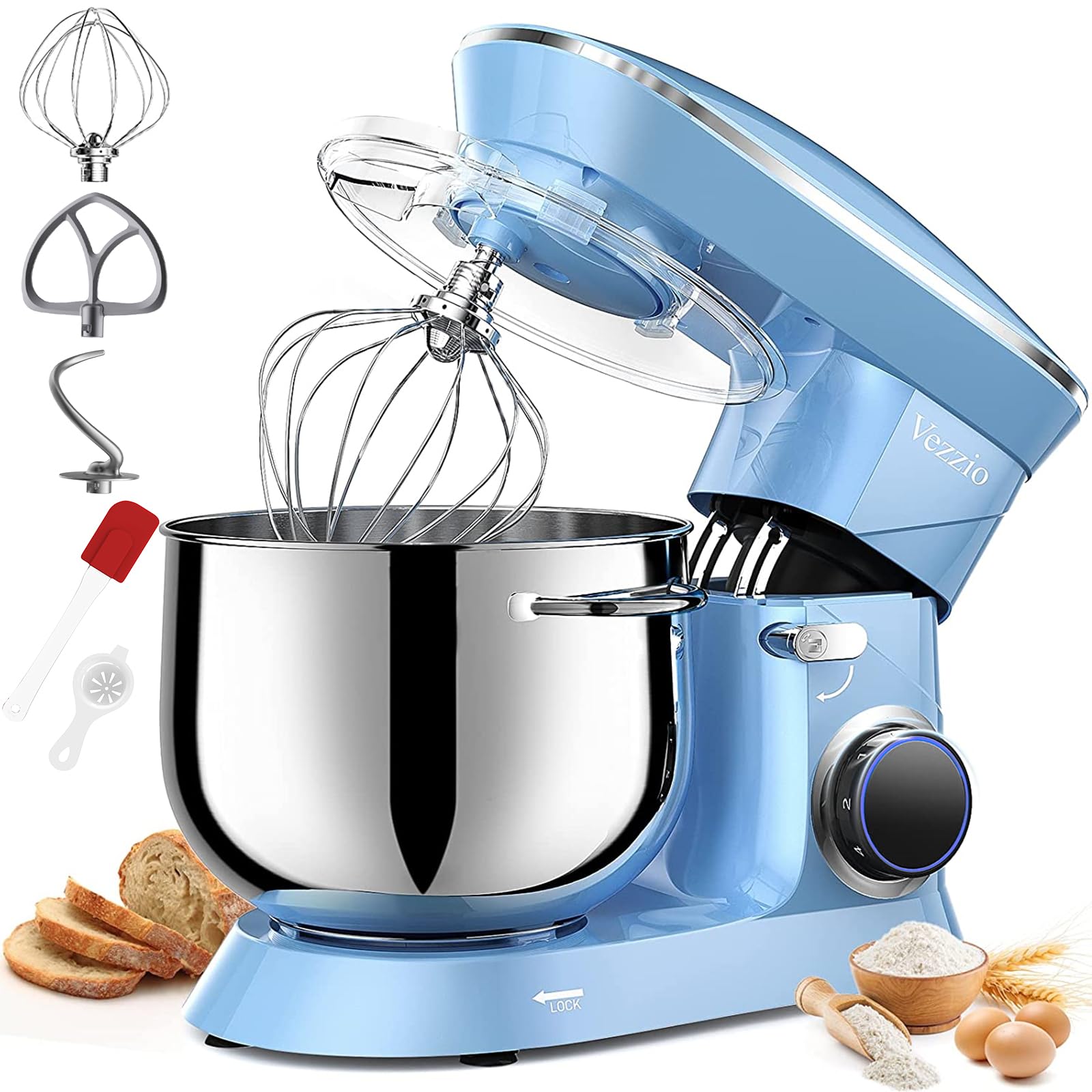 Vezzio 660W 10-Speed Tilt-Head Stand Mixer with 9.5 Qt Stainless Steel Bowl - Dishwasher Safe Attachments - Powerful Electric Kitchen Mixer for Baking, Dough, Whipping - Perfect for Home Bakers & Cooking Enthusiasts (Blue)