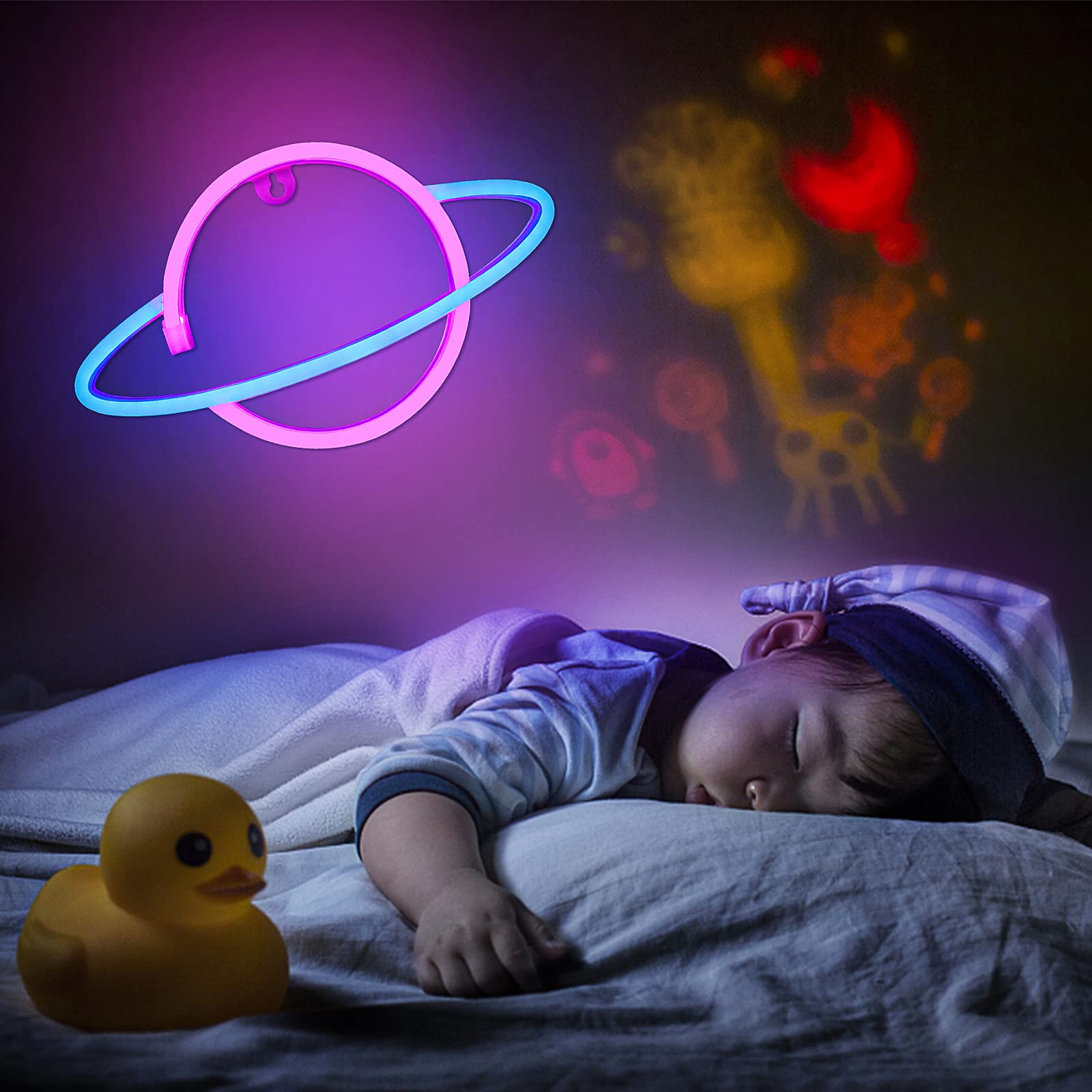 Cisteen Planet Neon Signs - Battery/USB Powered LED Neon Light Wall Decor for Home, Bedroom, Game Room, Bar & Party | Perfect Gift for Kids & Teens (Blue & Pink) - Create Vibrant Atmosphere for Birthday Parties, Gaming Setups & Room Decor