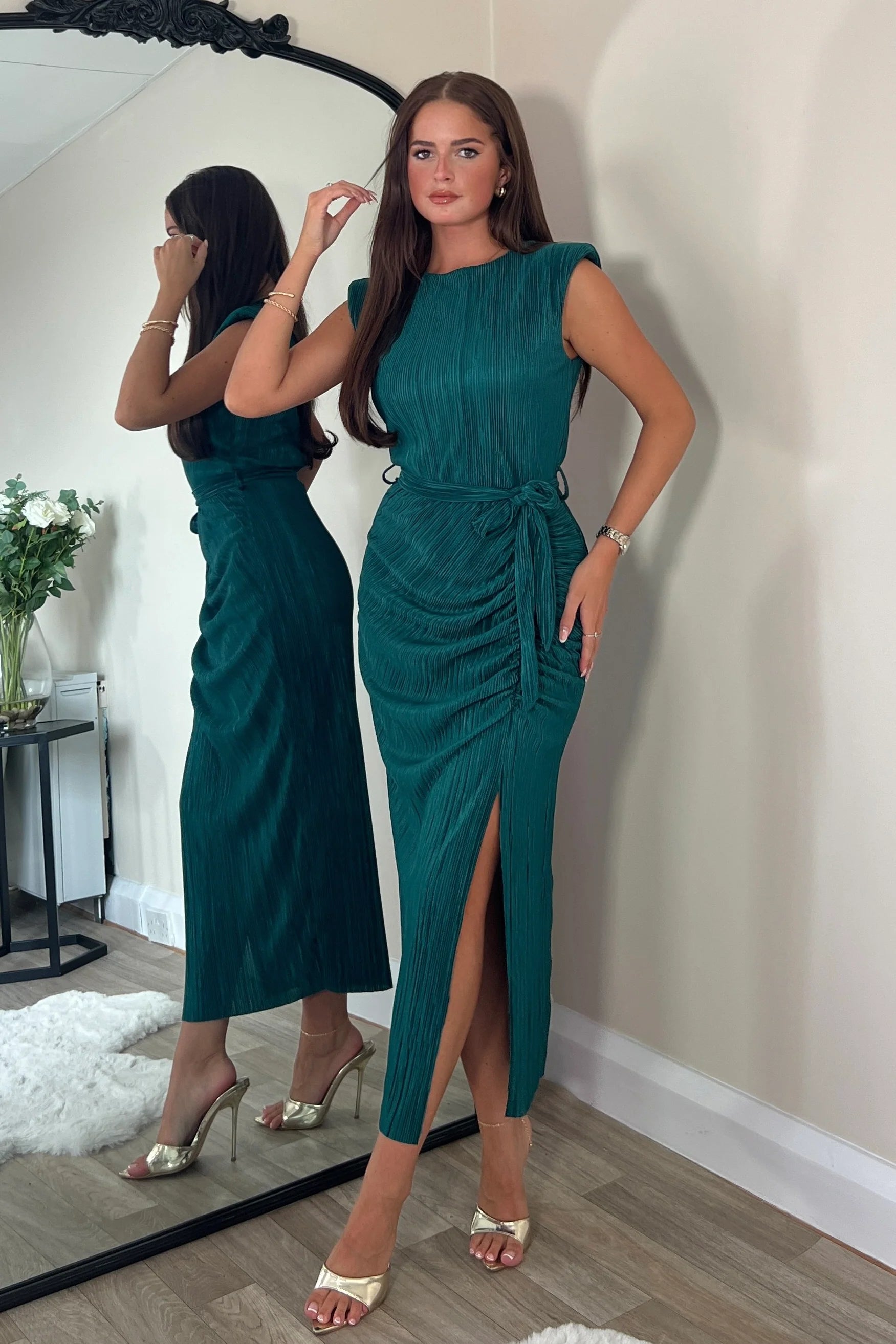 Elena Ruched Seamed Midi Dress in Teal - Elegant Bodycon Party Dress for Women, Perfect for Cocktail Parties, Date Nights & Special Occasions