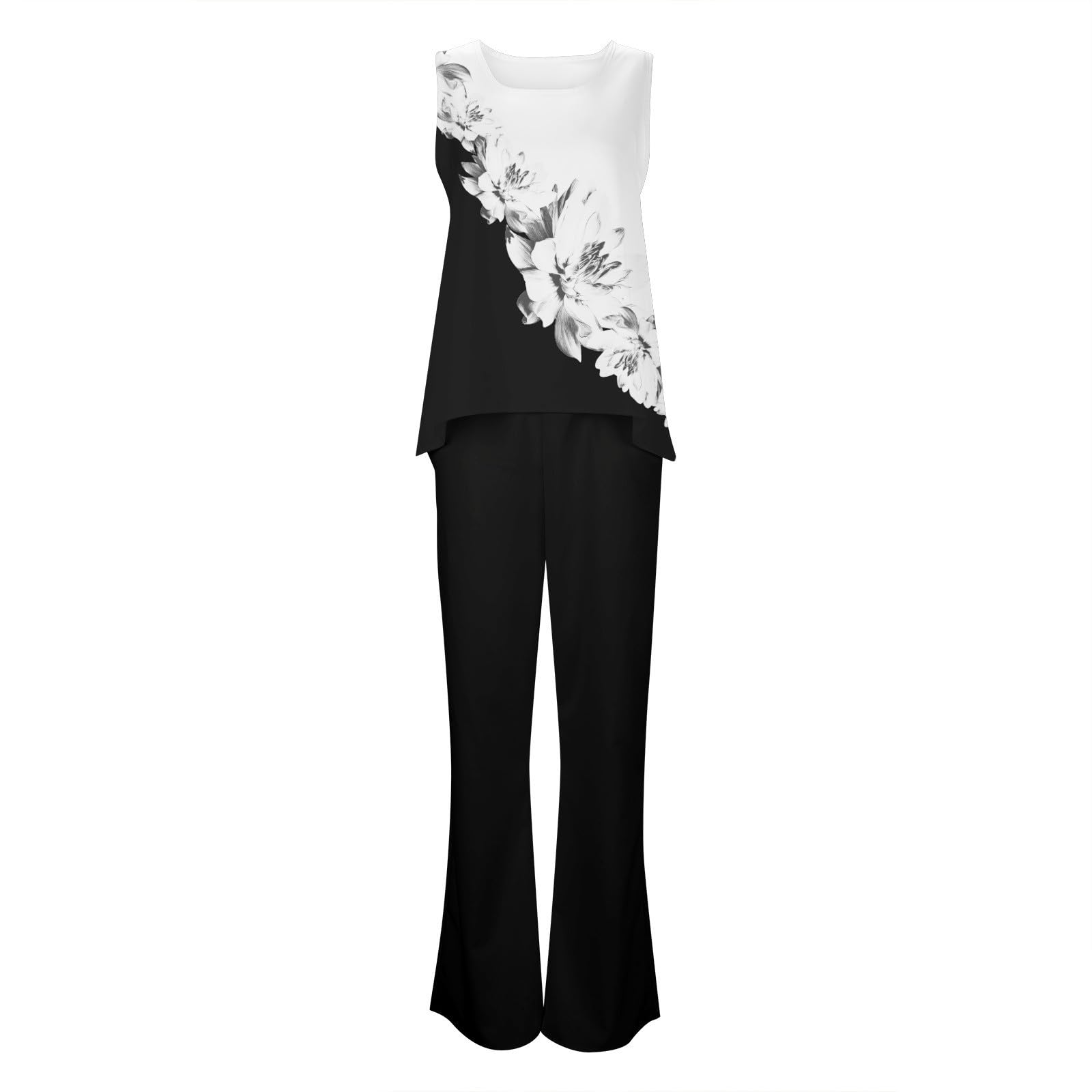 Boho Printed Women's 2-Piece Summer Outfit - Sleeveless Tank Top & Wide Leg Pants Lounge Set (Black, Large) | Perfect for Travel, Beach Vacations & Casual Wear