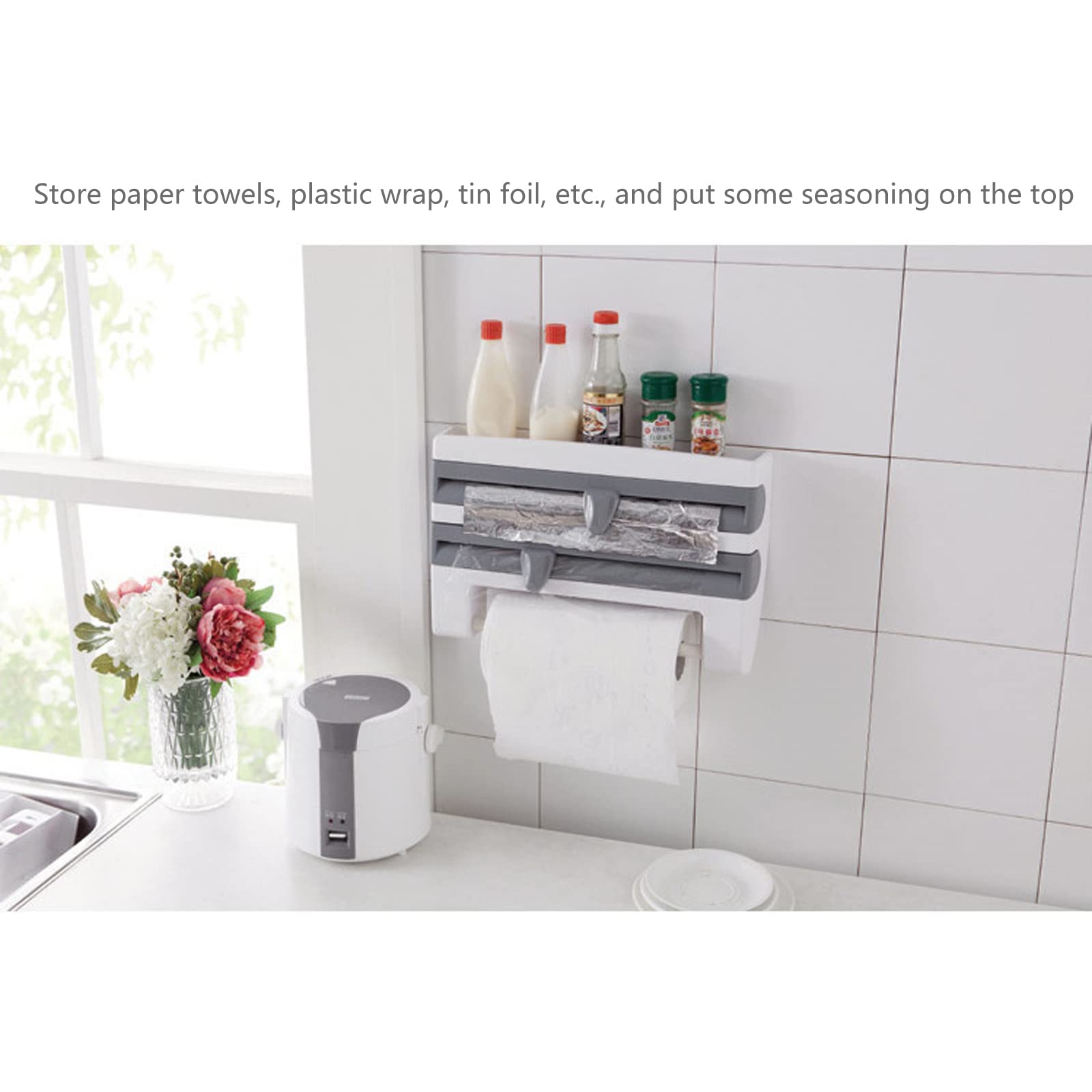 4-in-1 Wall Mount Paper Towel Holder with Aluminum Foil Dispenser & Plastic Wrap Cutter - Space Saving Kitchen Organizer for Paper Towels, Cling Film, Wax Paper & Foil - Perfect for Small Kitchens, RVs & Camping