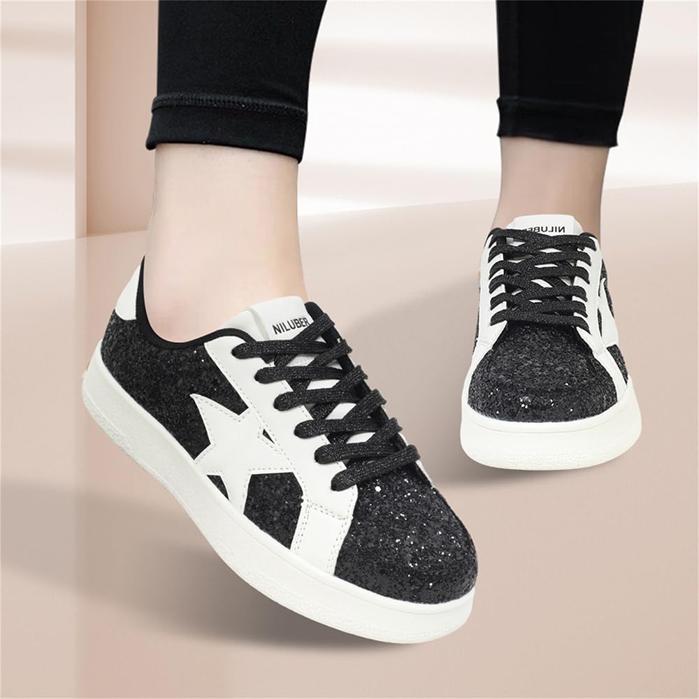Niluber Women's Low Top Comfortable Cushioned Sneakers - White, Gold, Silver & Leopard Print Platform Shoes with Lace Up Design | Perfect for Party, Casual Wear & Everyday Fashion (Red Glitter Option Available)