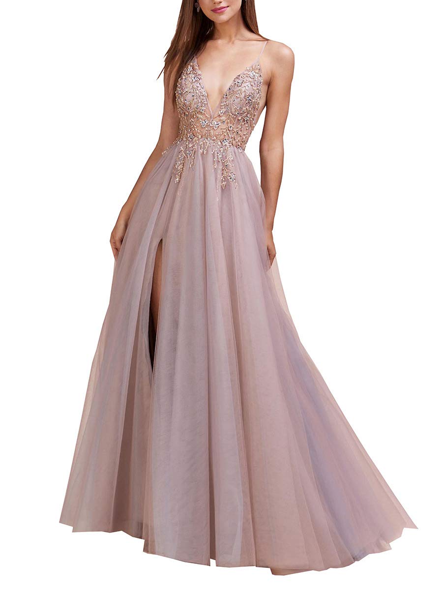 Elegant Women's Tulle Side Split Prom Dresses 2020 - Long Beading Spaghetti Strap Sexy Evening Gown for Formal Events, Homecoming, Wedding Guest & Special Occasions