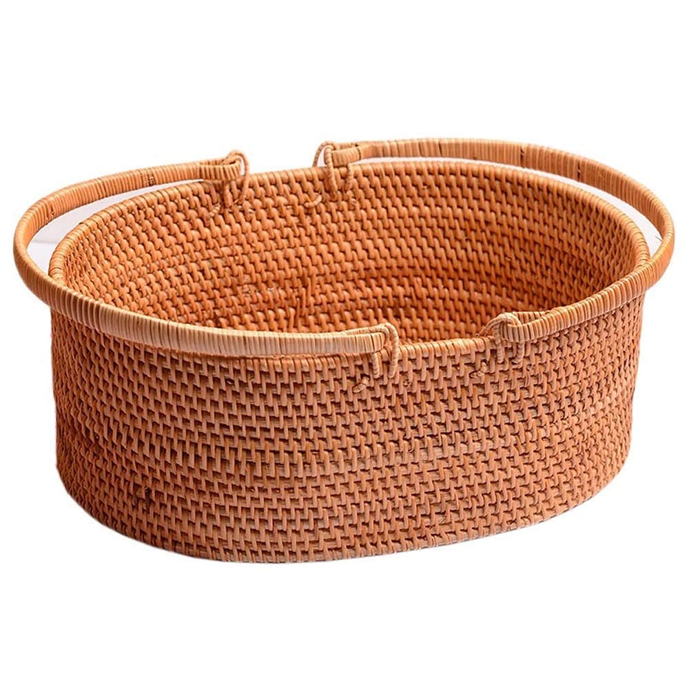 Natural Rattan Picnic Basket - Handmade Wicker Storage Basket with Round Wood Handle | Perfect for Outdoor Picnics, Home Decor & Flower Arrangements (One Size, Natural Color)