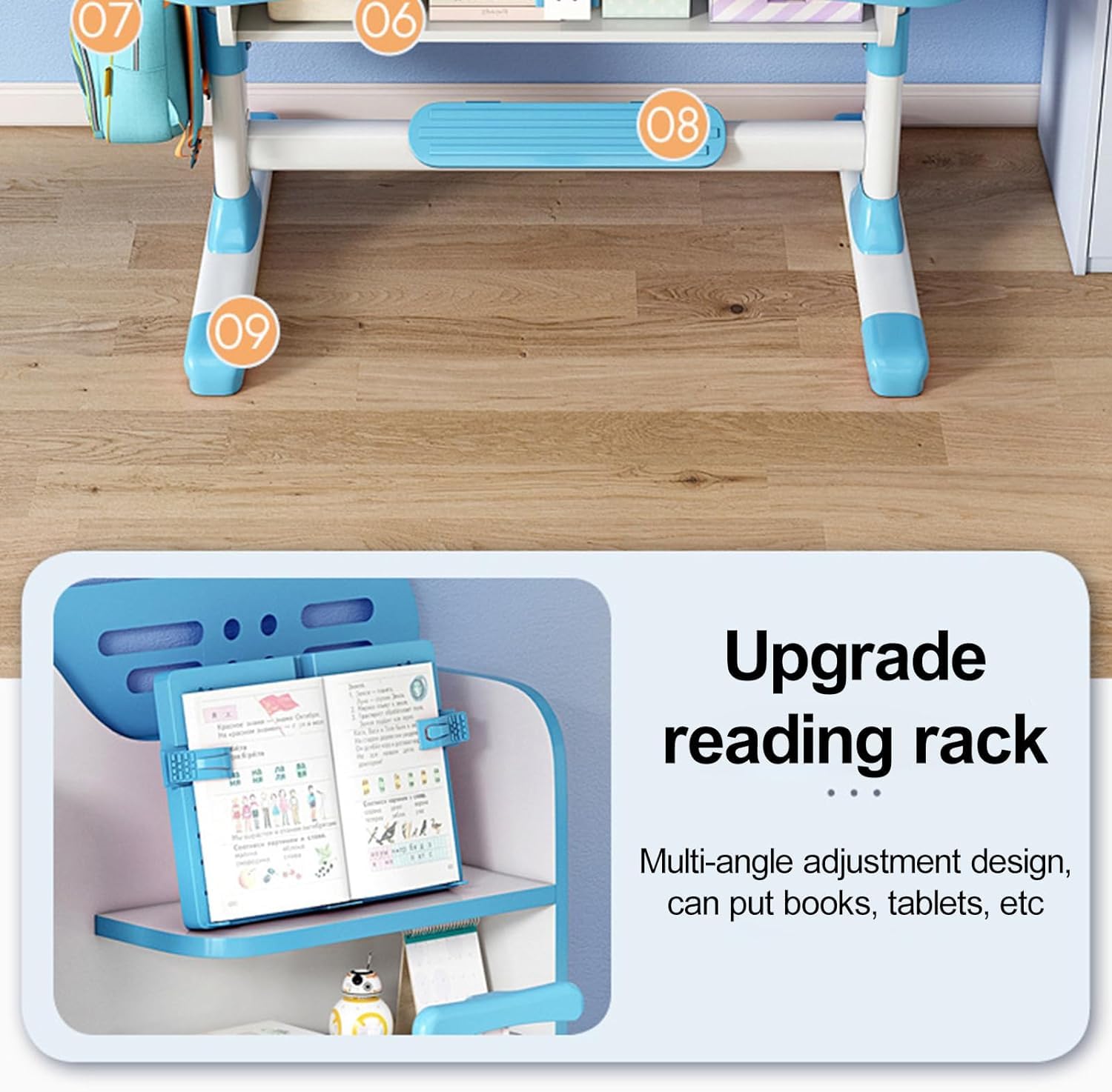 Kids Study Desk and Chair Set with Golden Distance Design - Adjustable Height Writing Table for Boys & Girls, Homeschooling & Online Learning (Blue) - Perfect for Bedroom, Playroom & Classroom Use