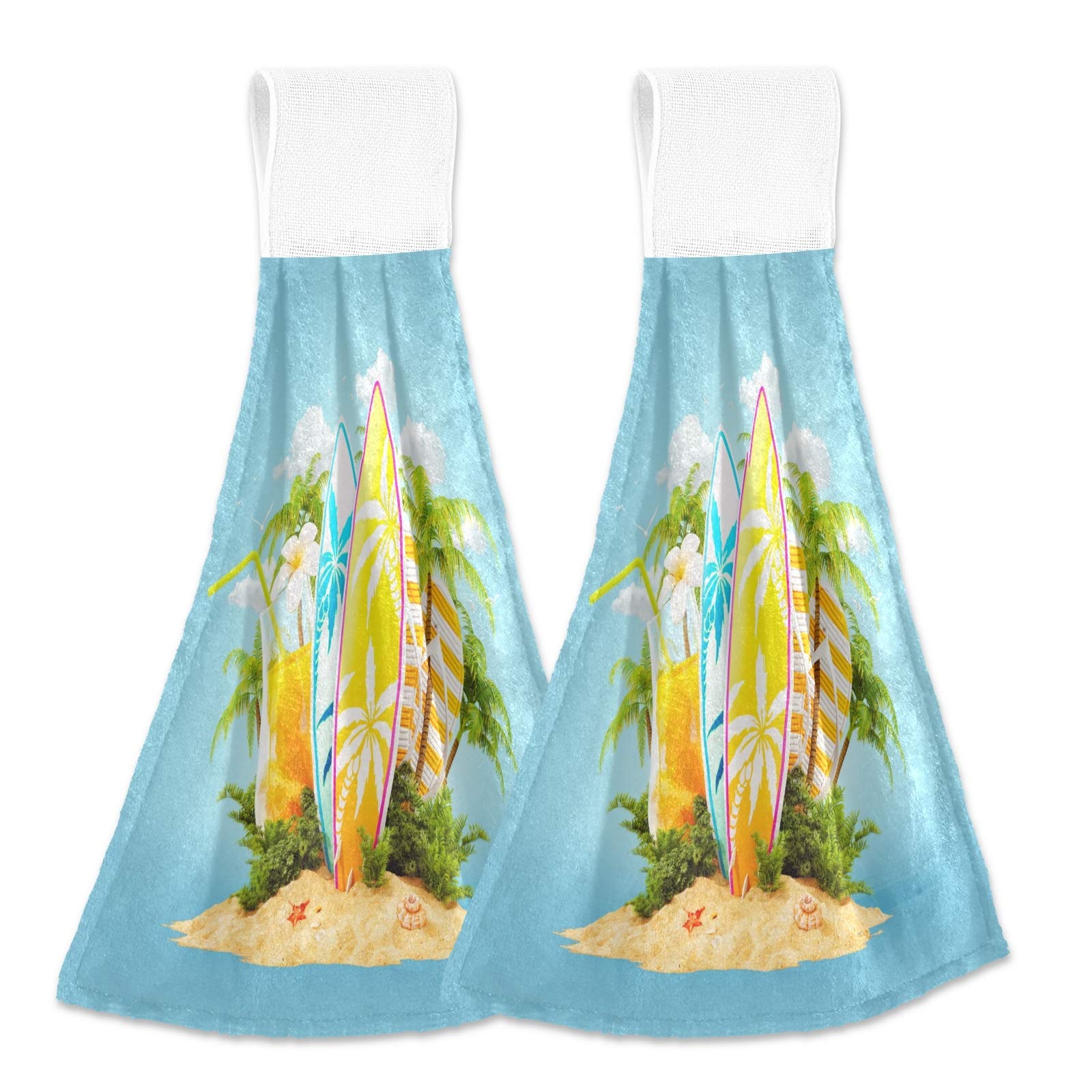 Premium Absorbent Kitchen Towels with Hanging Loop - Set of 2 Soft Dish Cloths for Drying Hands & Dishes | Surfboard Palm Tropical Design for Summer Vacation | Perfect for Kitchen, Beach House & Vacation Rental Decor