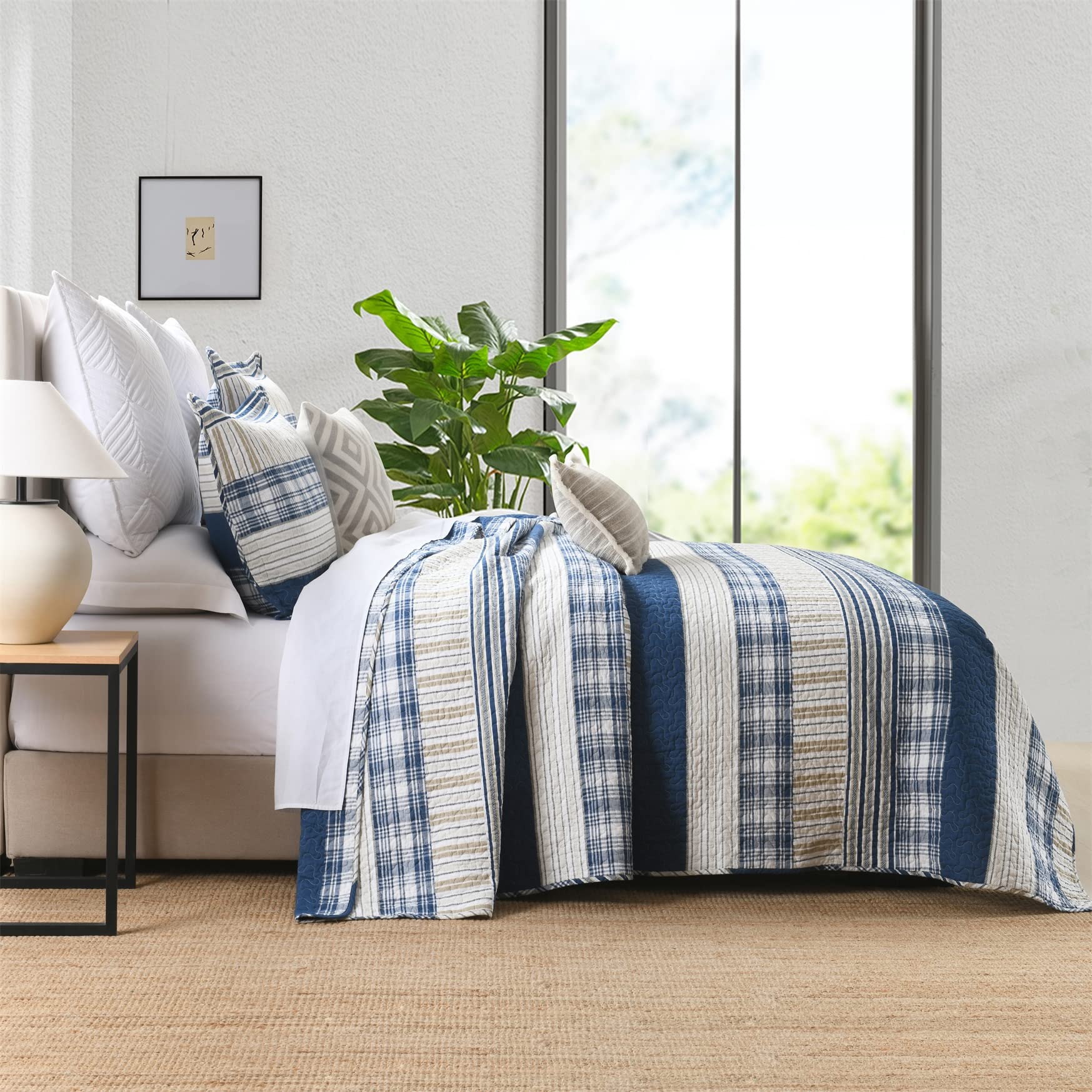 Homzard Queen Size Comforter Set - Blue White Tan Striped Quilt, Plaid Farmhouse Bedspread, Lightweight All-Season Bedding (3-Piece) | Perfect for Cozy Farmhouse & Modern Bedroom Decor