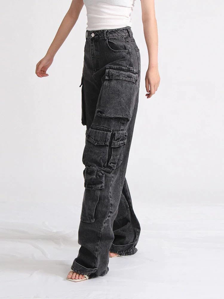 Y2K Women's High Waist Baggy Cargo Jeans - Wide Leg Flap Pocket Denim Pants for Streetwear & Grunge Fashion | Perfect for Casual Outfits, Music Festivals, and Urban Street Style