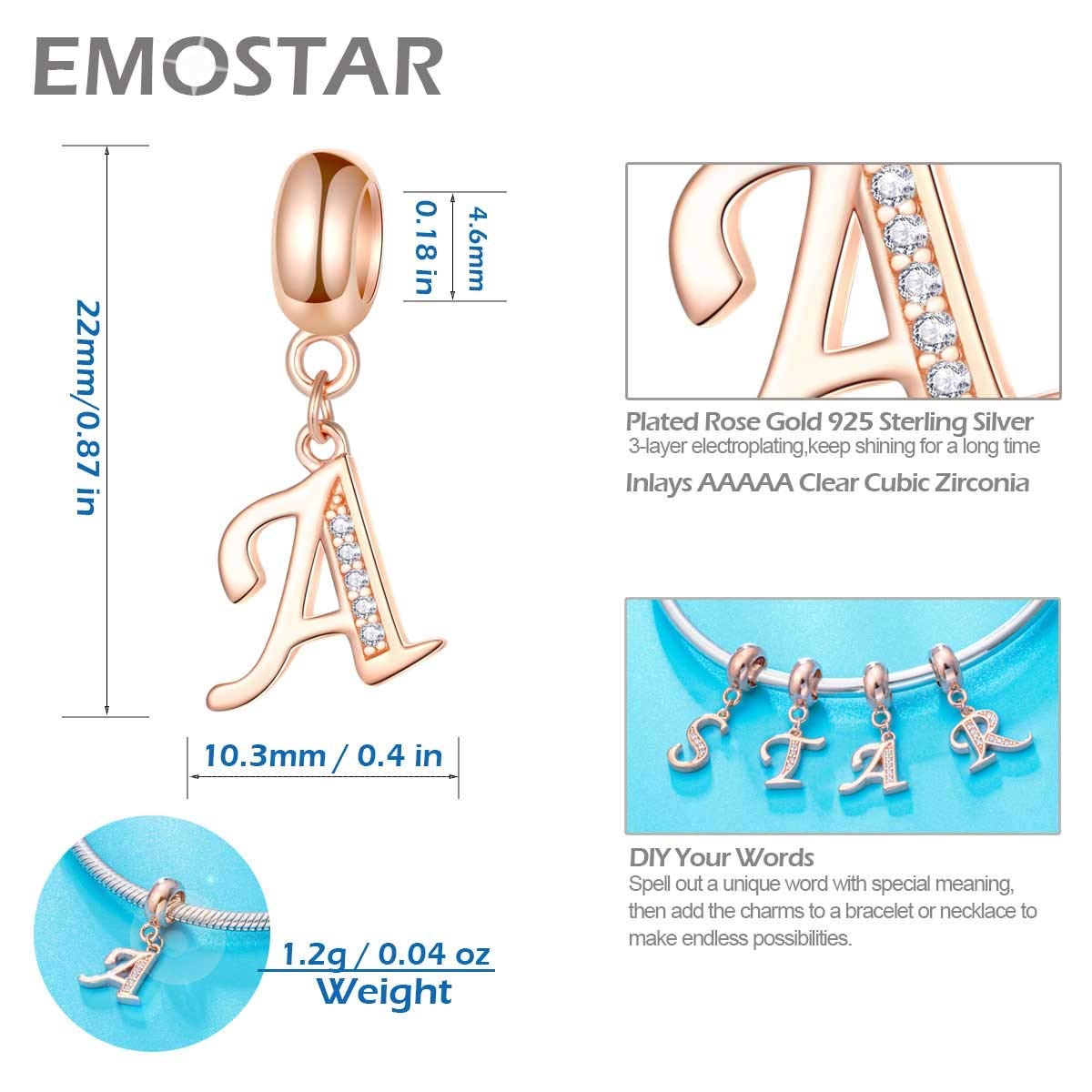 EMOSTAR 925 Sterling Silver Rose Gold Pendant Charms Set - DIY Bracelet, Princess Tiara Crown & Letter A Charms for Jewelry Making | Perfect Birthday, Christmas Gifts for Daughter, Women & Girls | Great for Parties, Weddings & Special Occasions
