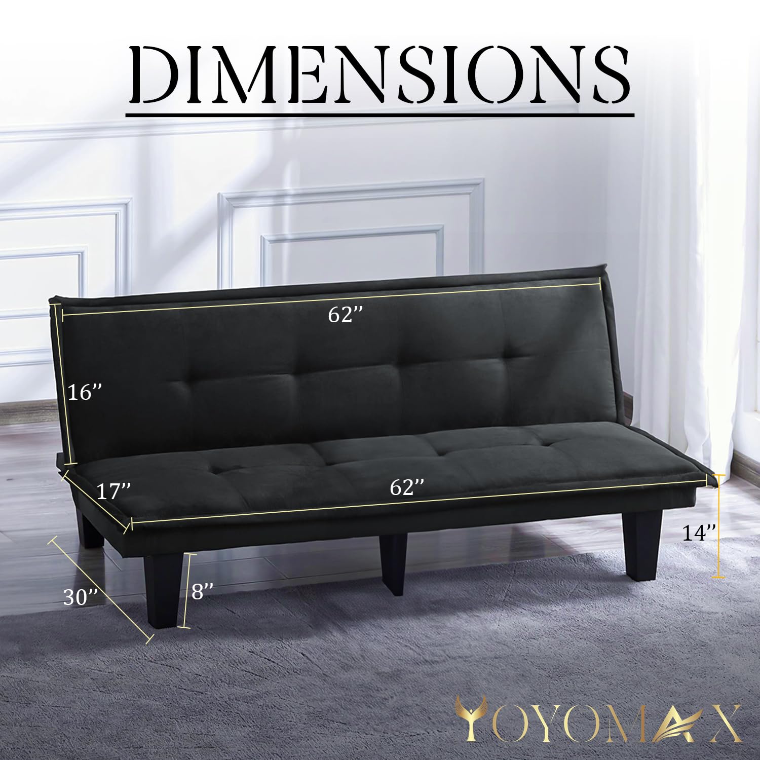 Yoyomax Convertible Futon Sofa Bed - Breathable Fabric Foldable Couch for Small Spaces, 62