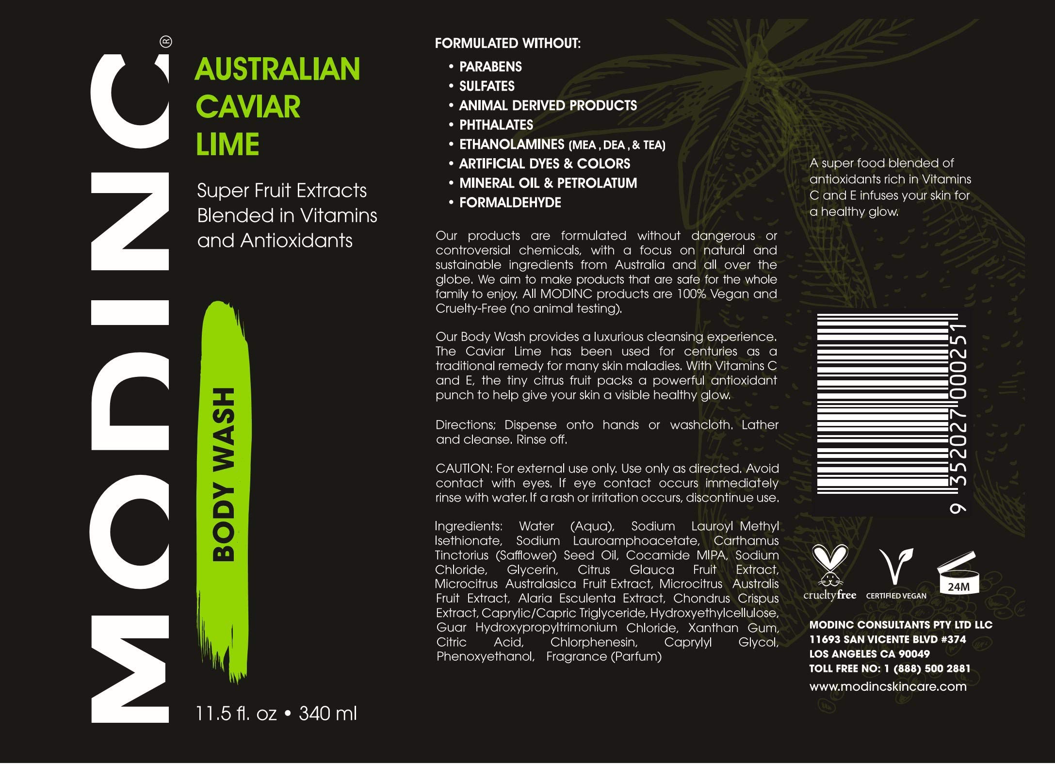 Premium Australian Caviar Lime Body Wash - Vitamin & Antioxidant Rich Superfruit Extracts, Vegan & Cruelty Free with Pump (11.5 oz) for Spa-Like Luxury at Home