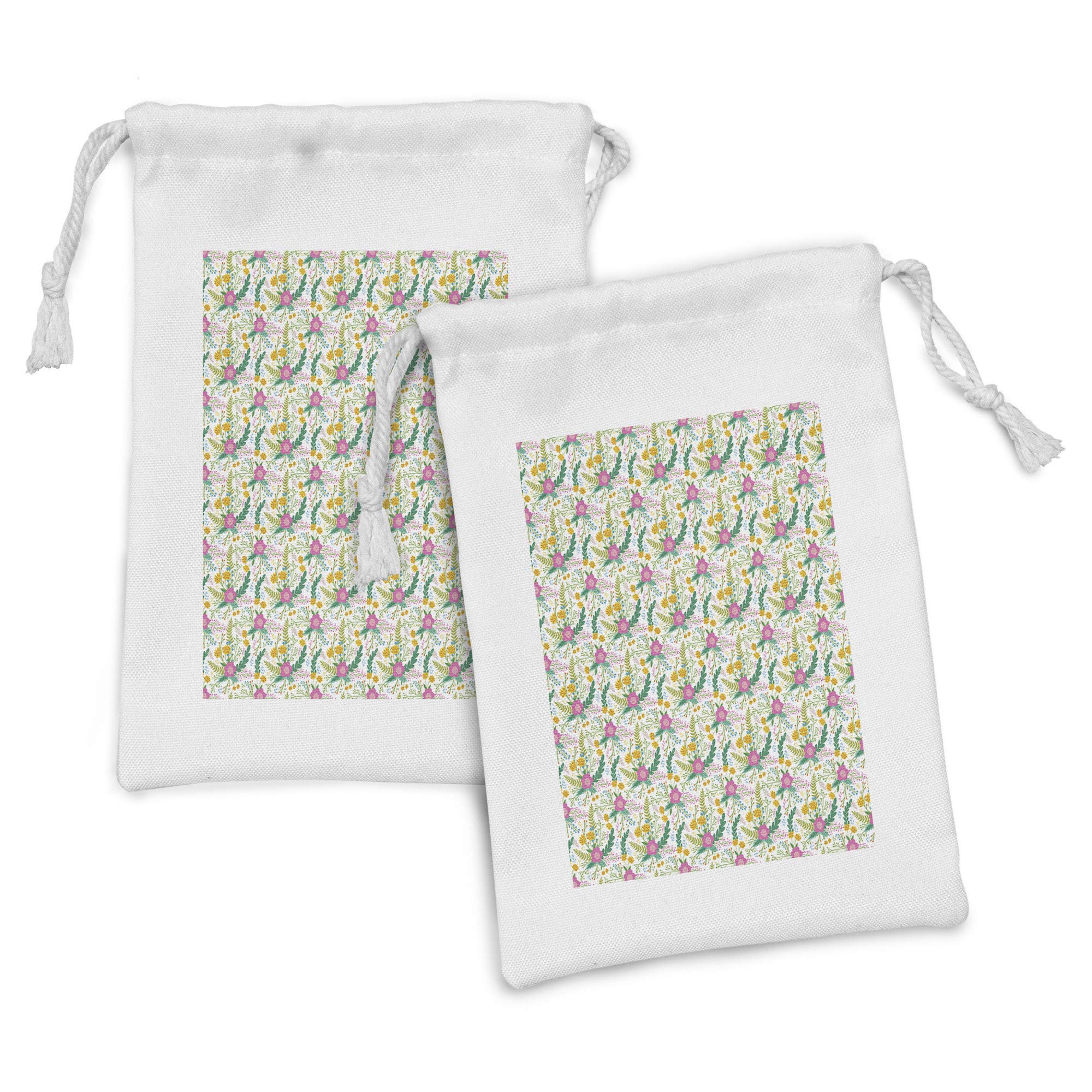 Ambesonne Floral Fabric Pouch Set of 2 - Charming Summer Flowers Drawstring Bags for Toiletries, Masks & Party Favors (9