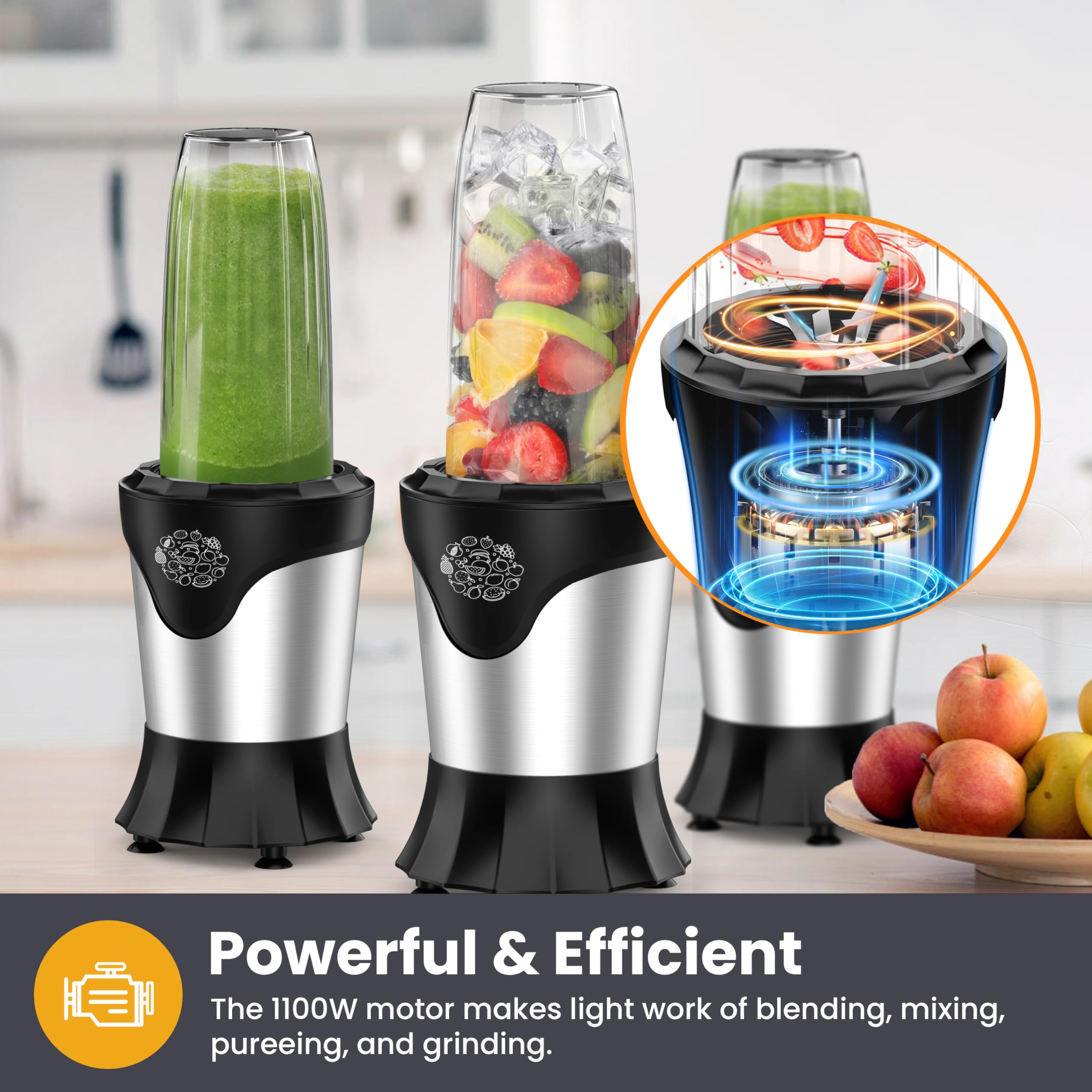 Suavo 1100W Portable Personal Blender for Smoothies, Protein Shakes & Coffee - Includes 2x22Oz Travel Cups, Lids, Coffee Grinder & 10Oz BPA-Free Cup - Perfect for Home, Gym, Office & Travel