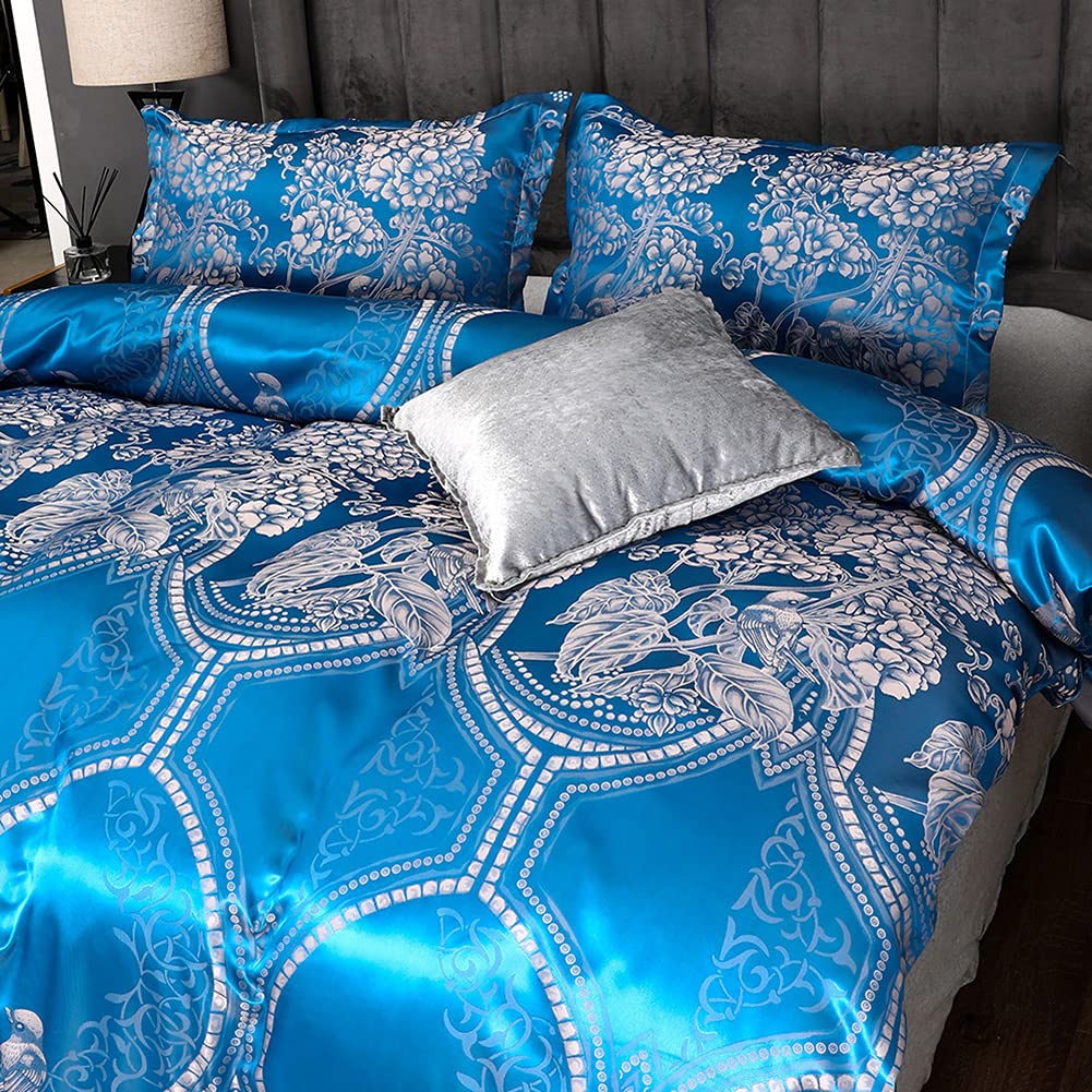 VCTOPS Luxury 3-Piece Jacquard Duvet Cover Set - King Size Soft Satin Silky Bedding Comforter Cover with Zipper Closure & Pillowcases - Blue - Perfect for Master Bedroom, Guest Room & Hotel Decor