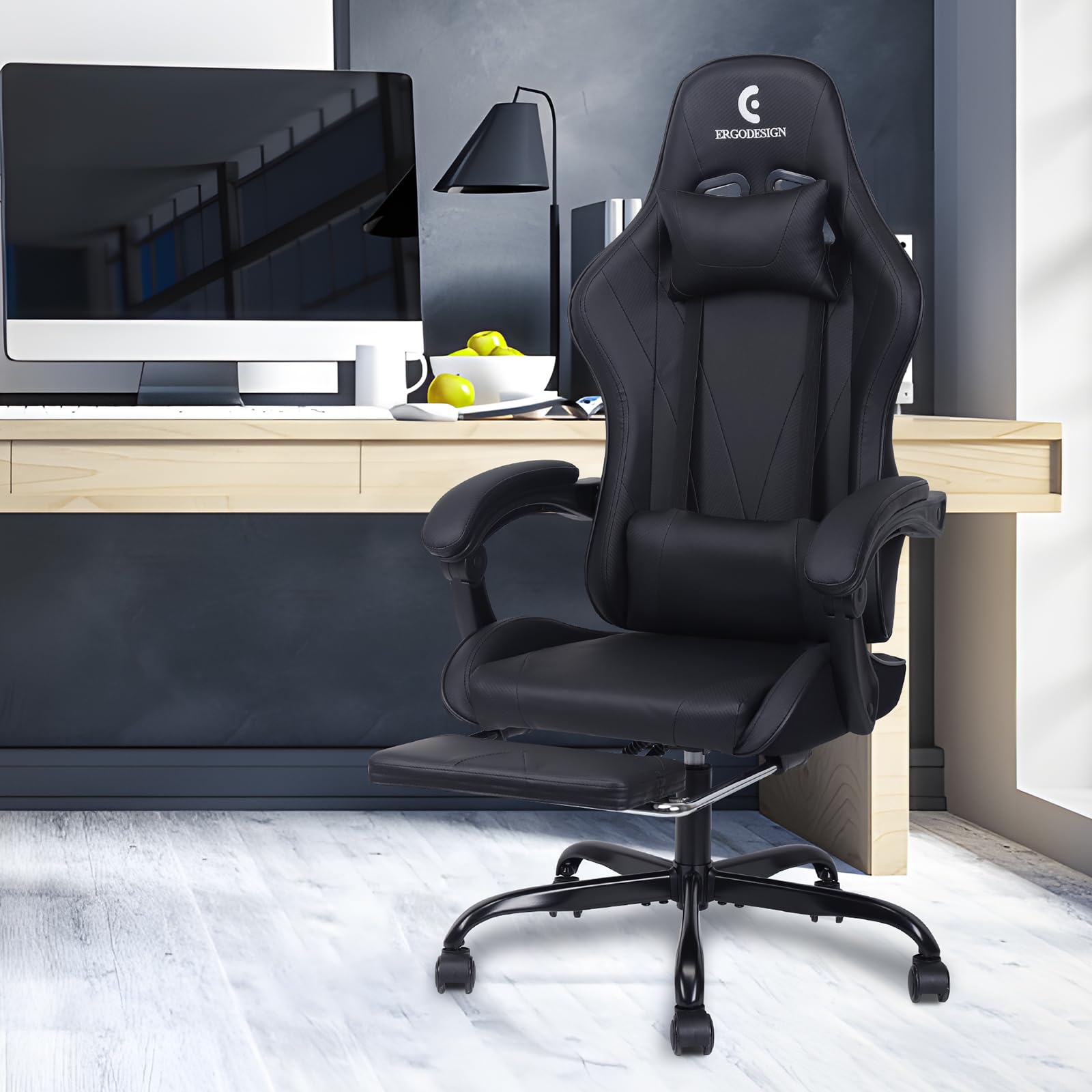 Ergonomic Gaming Chair with Adjustable Linkage Armrest & Footrest - High Back Computer Chair for PC & Console Gamers - Black - Perfect for Esports, Streaming & Office Work