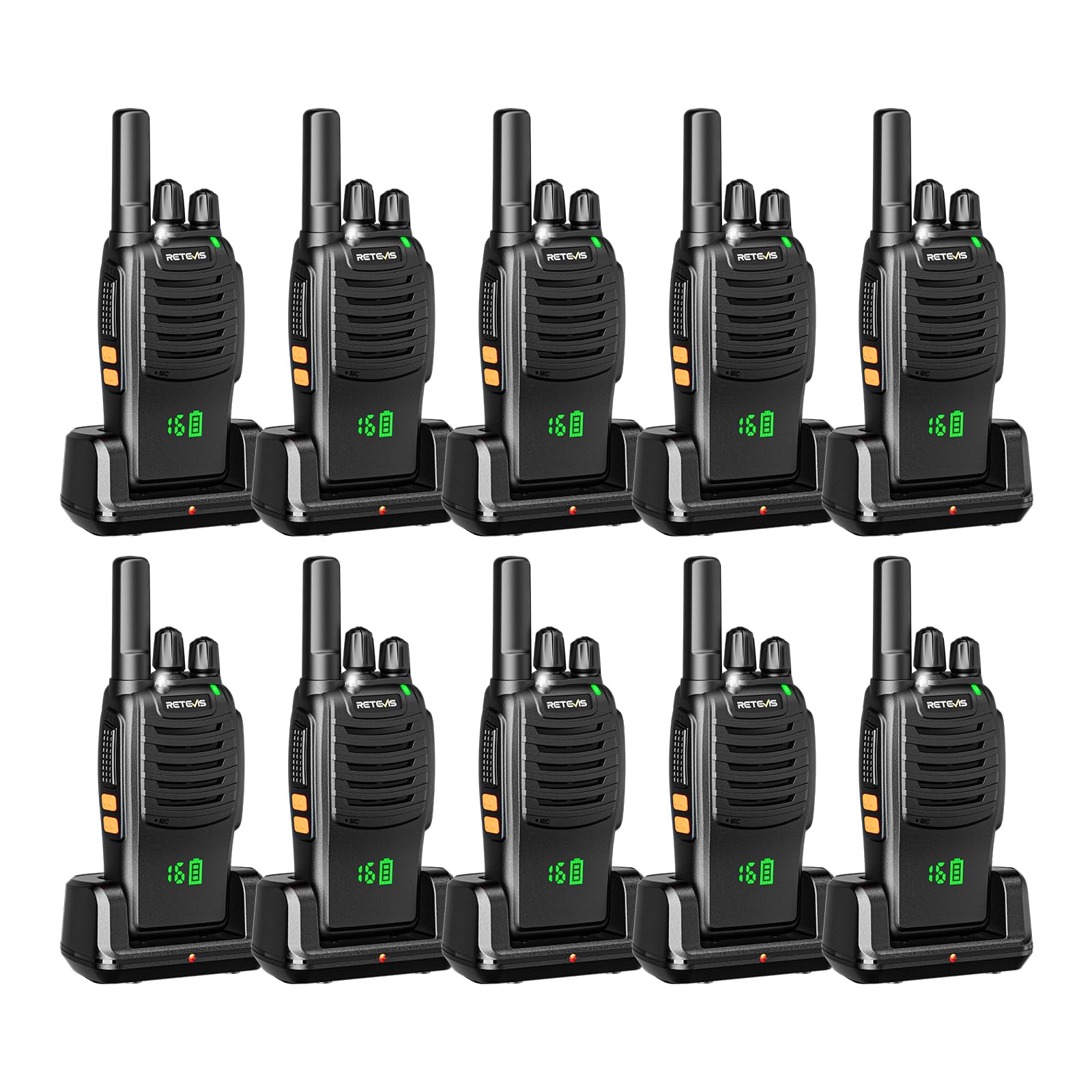 Retevis H777H Rechargeable Two-Way Radio Walkie Talkie with LCD Screen - 16 Channels, USB-C Charging, VOX, Flashlight, 1-9 Squelch Levels - Durable Walkie-Talkies for Schools, Construction, Hiking & Outdoor Activities (10-Pack, Black)