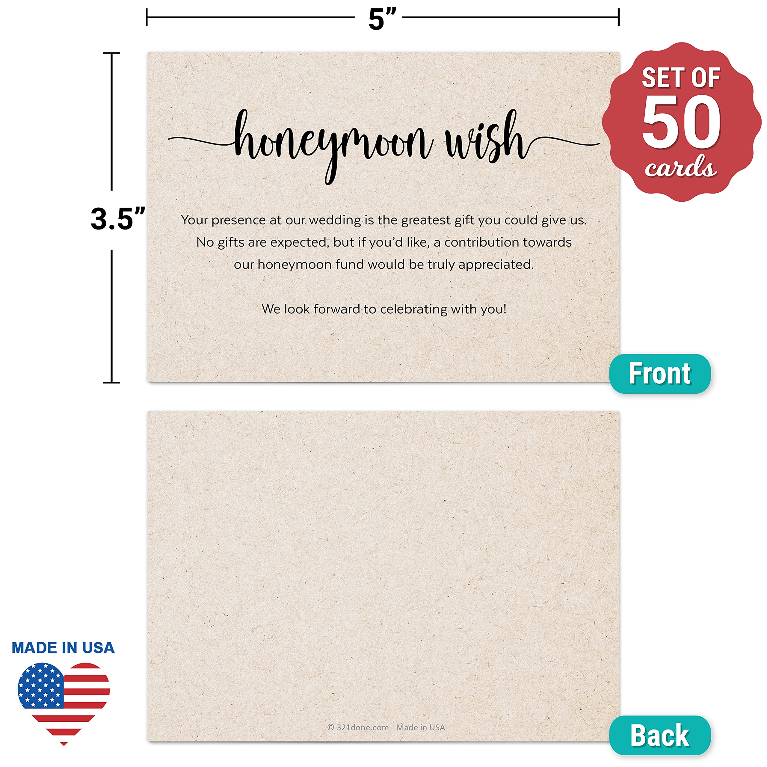 321Done Honeymoon Fund Wish Cards - Set of 50 Rustic Kraft Wedding Enclosure Cards (3.5x5 Inches) | No Gifts Requested | Made in USA | Perfect for Wedding Invitations, Bridal Showers & Wishing Wells