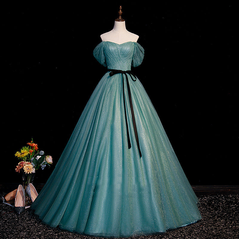 Elegant Green Off Shoulder Prom Dress - A-Line Formal Evening Ball Gown for Women - Perfect for Homecoming, Wedding Guest & Special Occasions